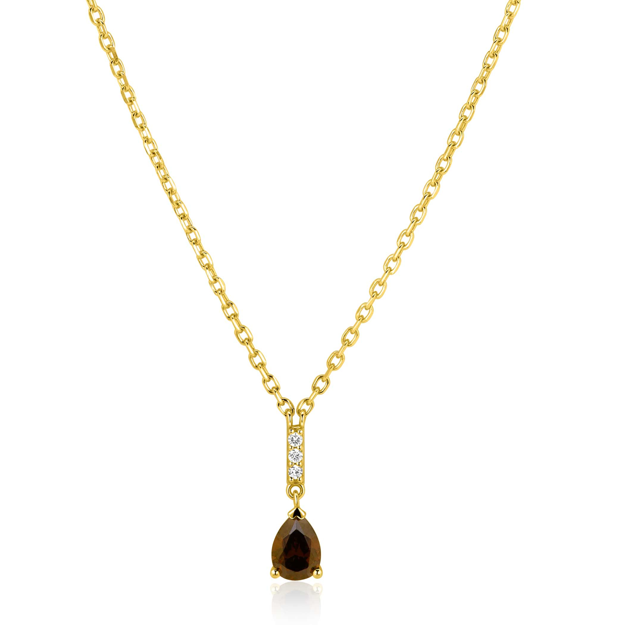 ZINZI goldplated zilveren ketting 45cm met bruine druppelvormige kleursteen ZIC2804