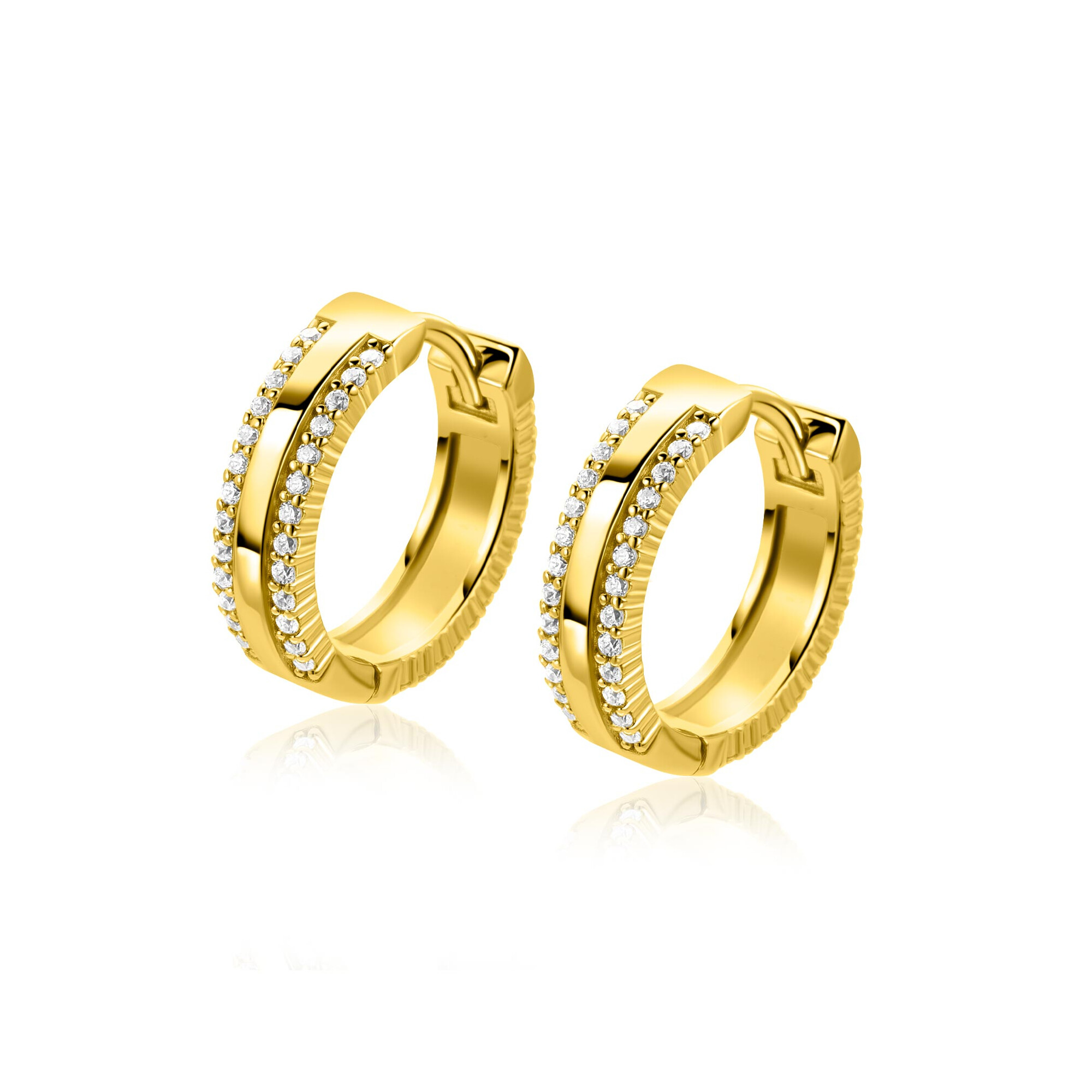 16mm ZINZI goldplated zilveren luxe oorringen met klapsluiting, bezet met witte zirconia's ZIO2445Y