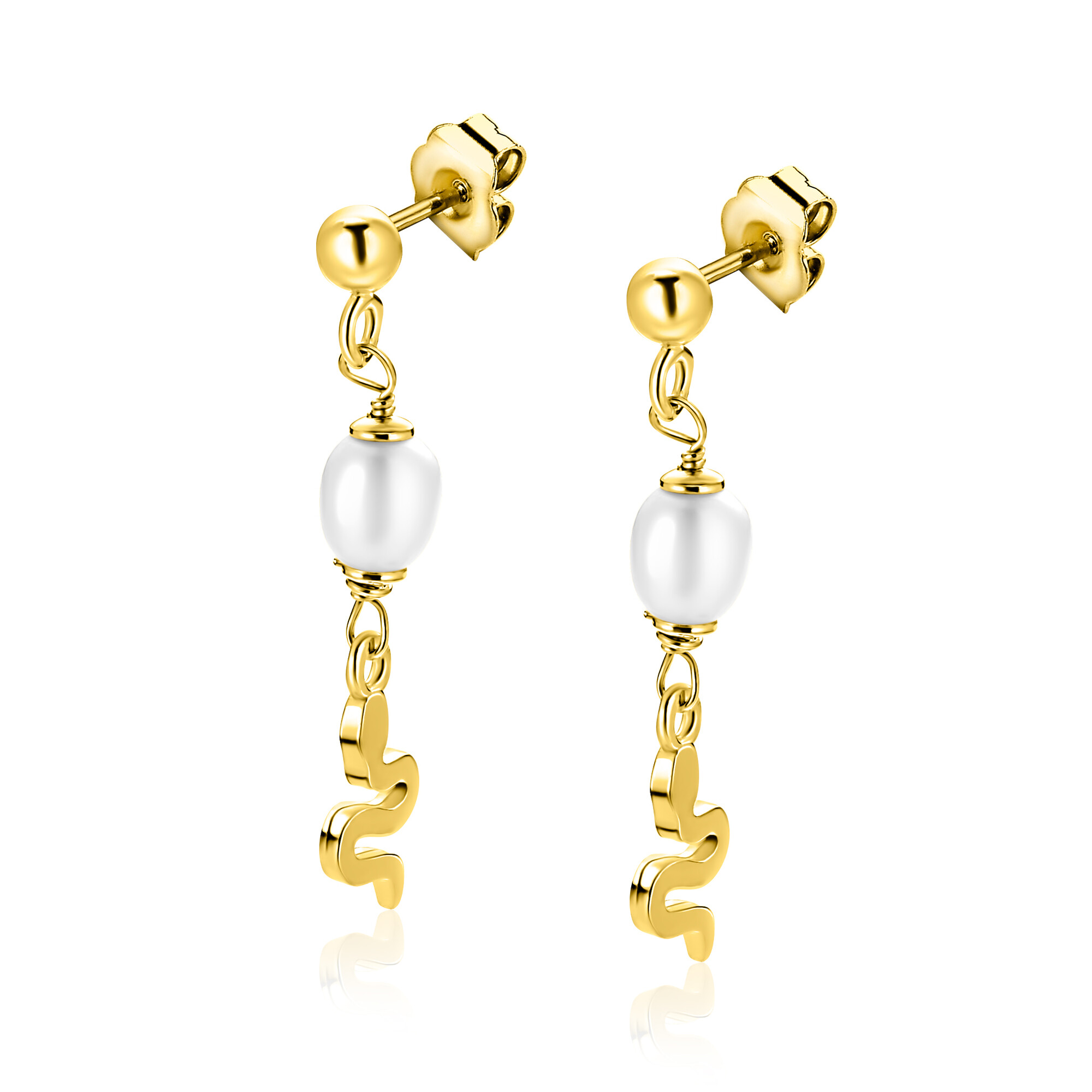 35mm ZINZI gold plated zilveren oorstekers met slang en witte zoetwaterparel ZIO2761