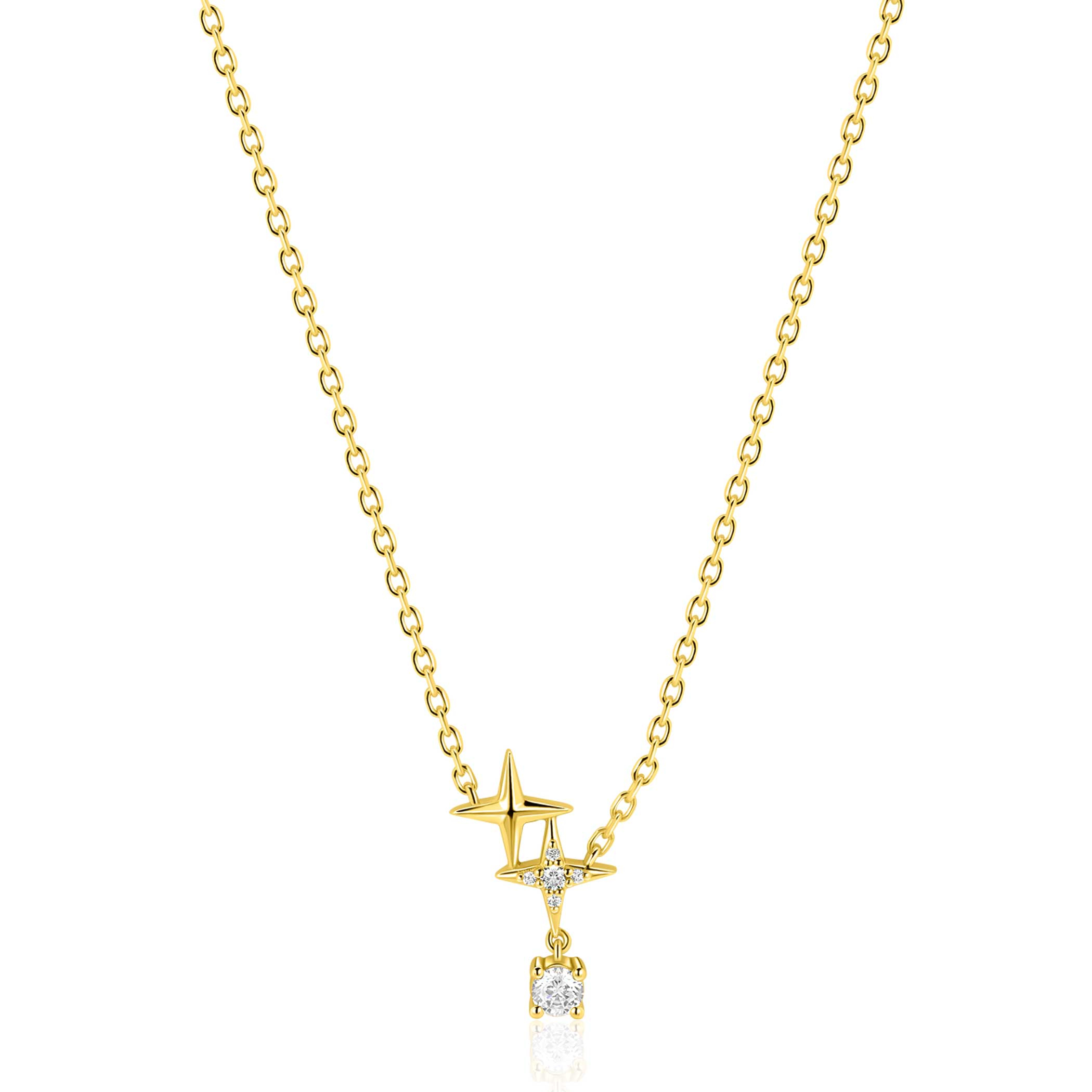 ZINZI goldplated zilveren ketting 45cm 'sterrendans' met twee speelse sterren en bungelende witte zirkonia ZIC2837