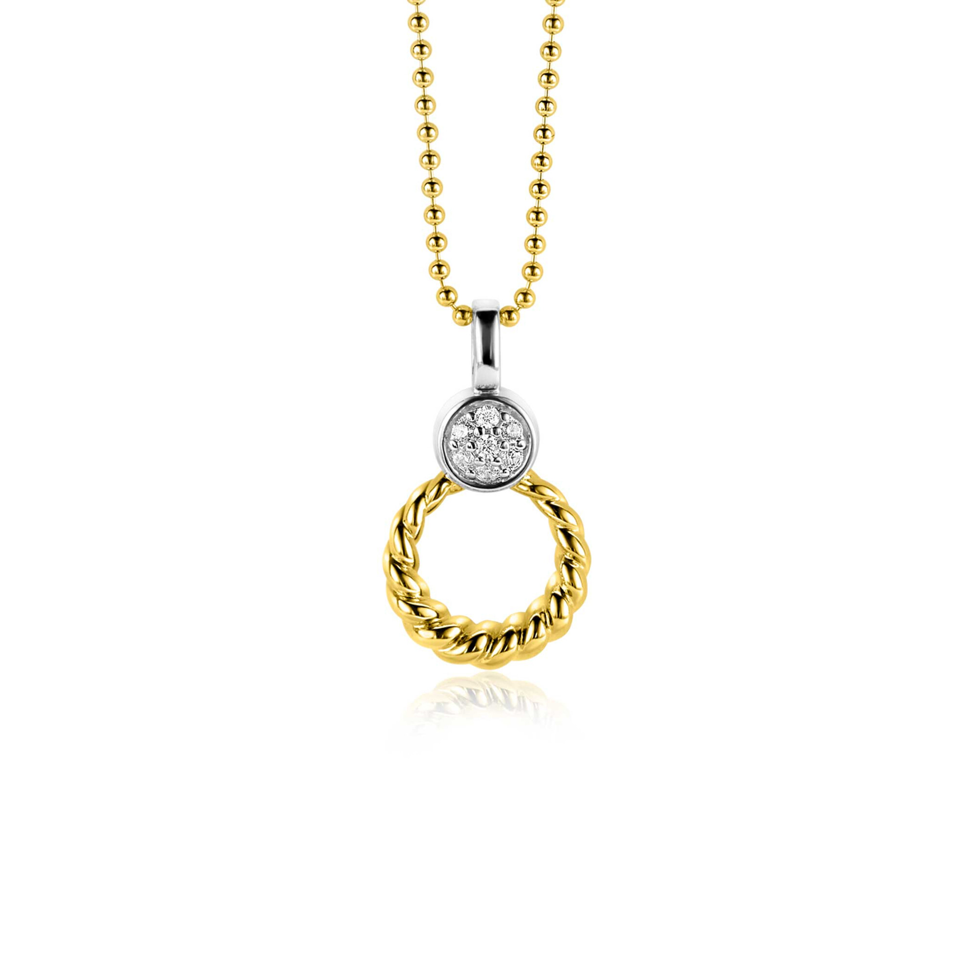 ZINZI zilveren bicolor ronde hanger 20mm gedraaid motief, bezet met witte zirconia's ZIH2390Y (zonder collier)