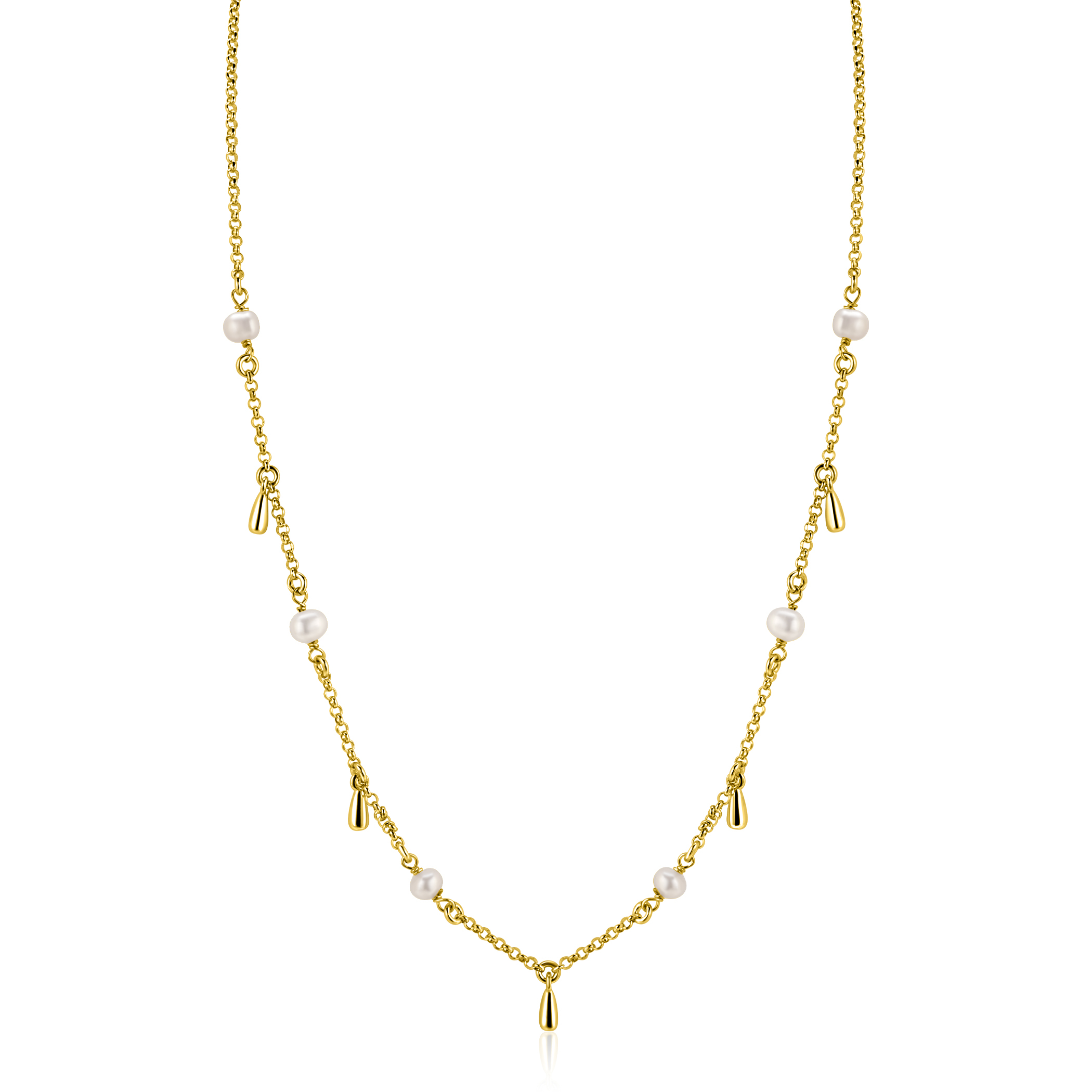 ZINZI gold plated zilveren ketting met witte zoetwaterparels en druppeltjes 42-45cm ZIC2753
