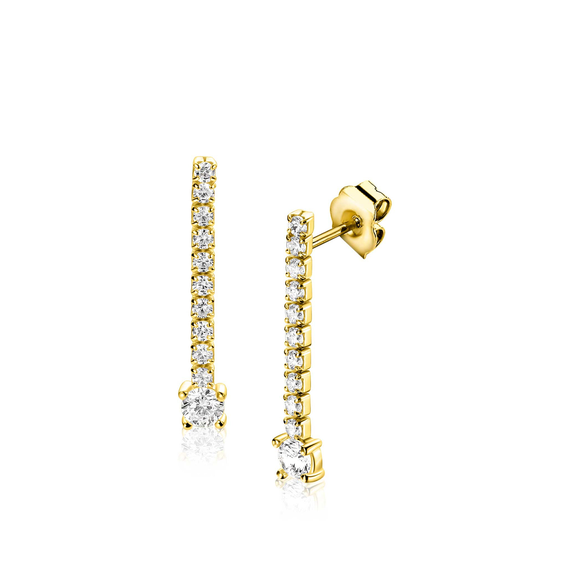 26mm ZINZI gold plated zilveren tennis oorstekers met een rijzetting witte zirkonia's in verschillende grootte ZIO2894Y