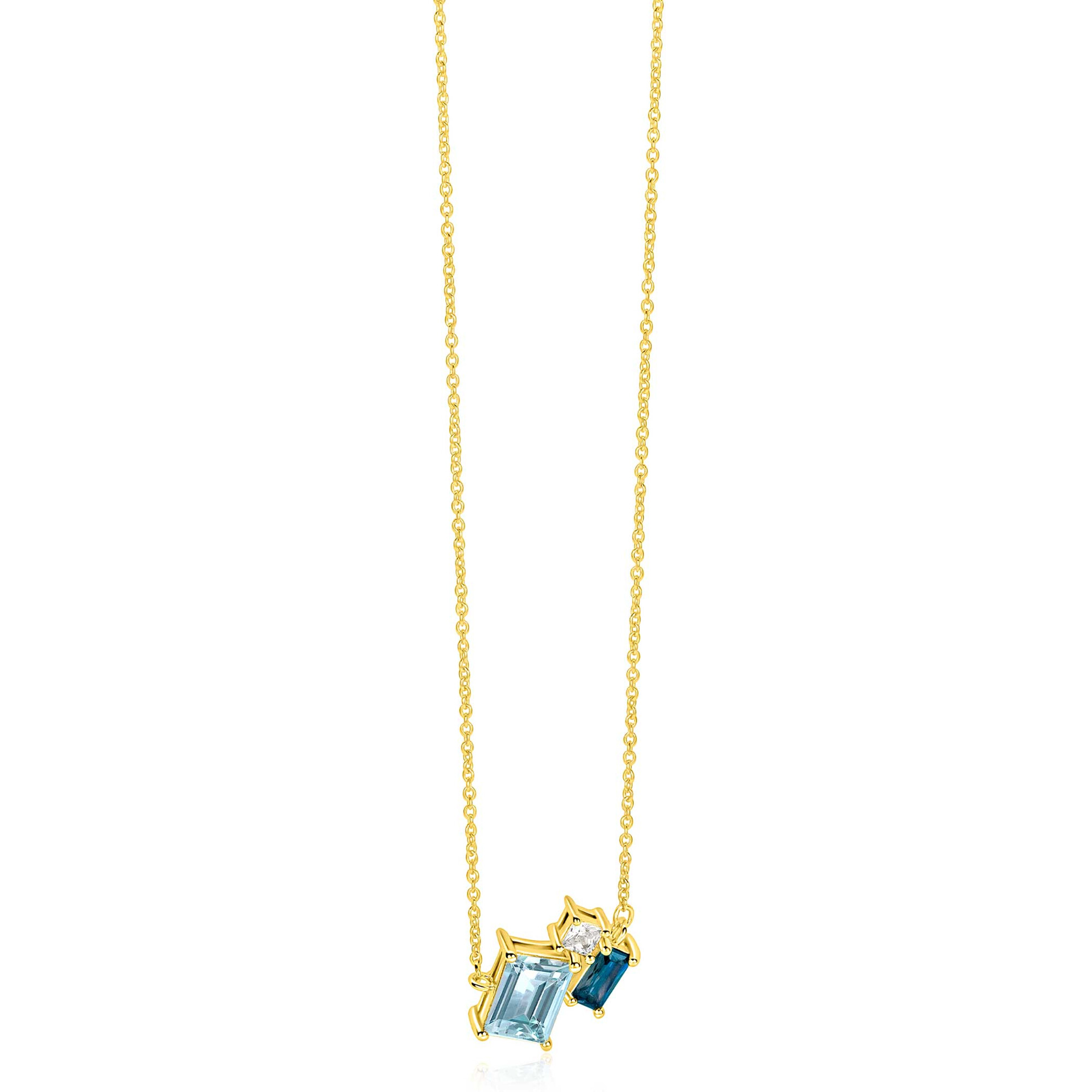 ZINZI gold plated zilveren collier 45cm met geometrische hanger (14mm) in lichtblauw, petrolblauw en wit ZIC2897
