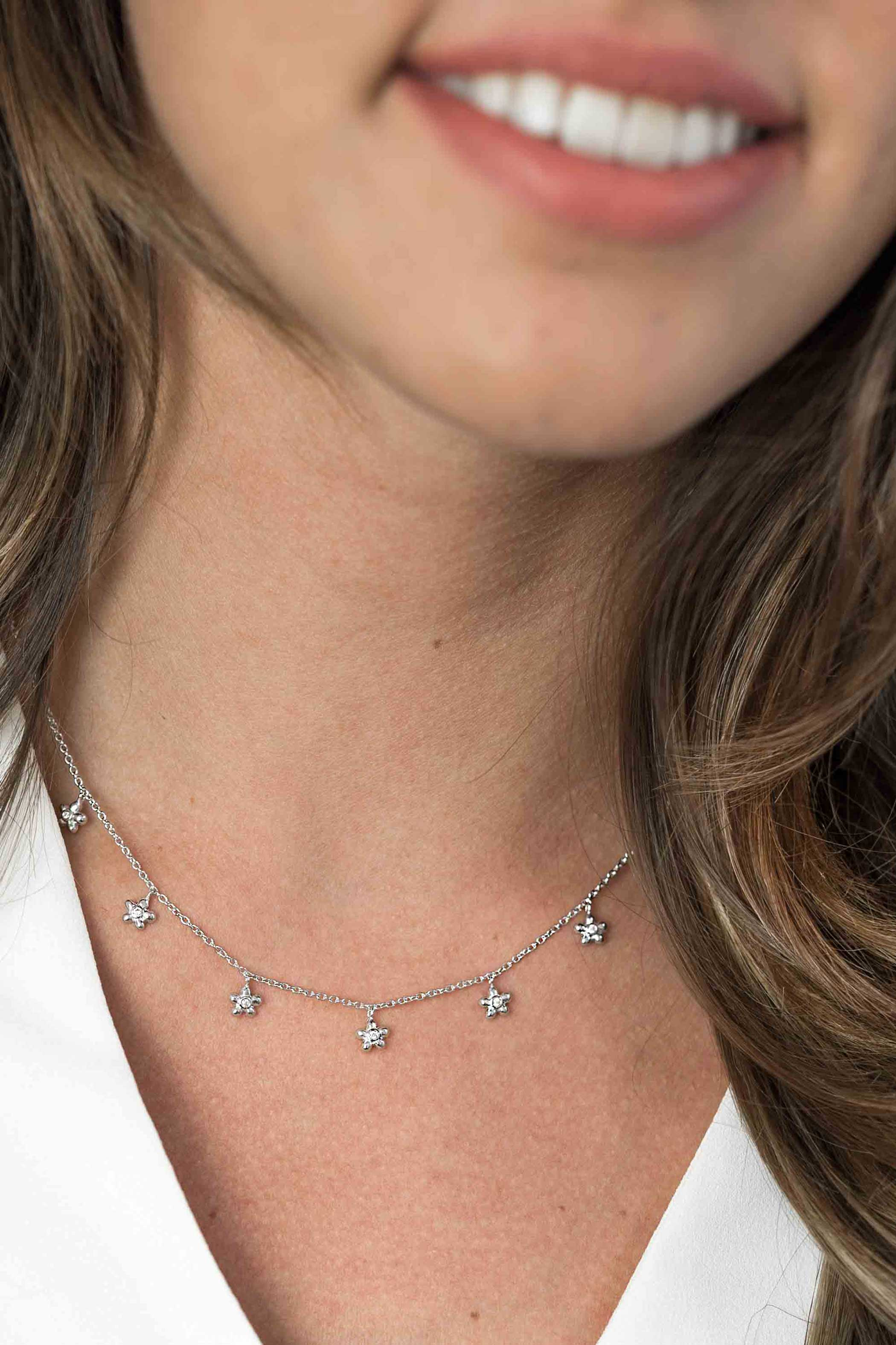 ZINZI zilveren ketting met zeven bloem-hangertjes, bezet met witte zirconia's  45cm ZIC1876
