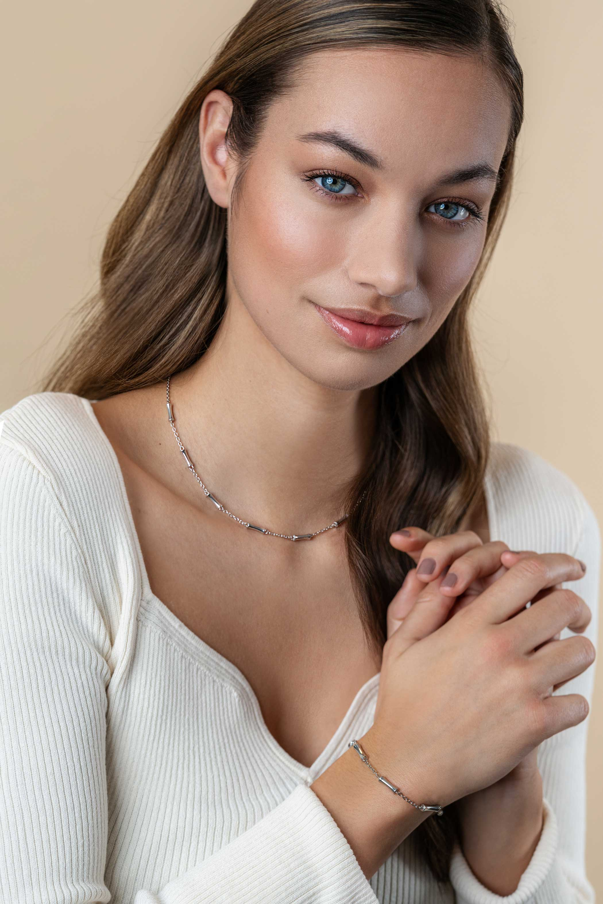 ZINZI zilveren schakel ketting met zeven gladde bamboe vormen 40-45m ZIC2577
