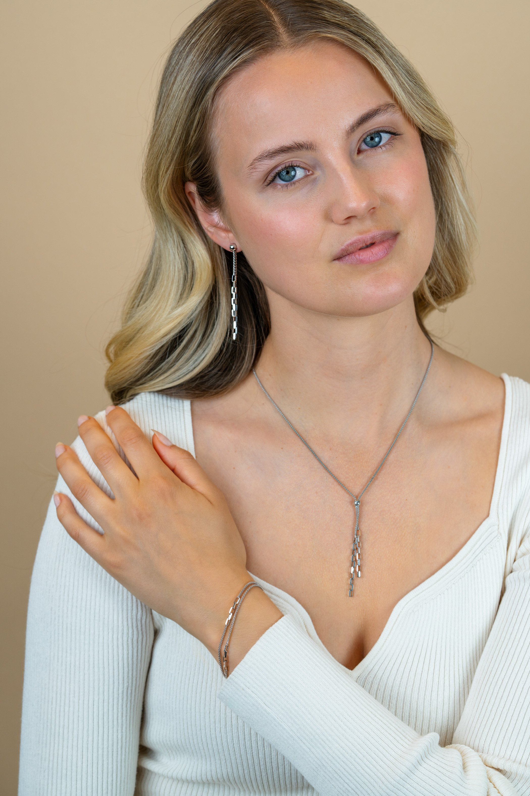 ZINZI zilveren Y-collier 43–46cm met popcorn schakel en twee bungelende kettinkjes ZIC2710