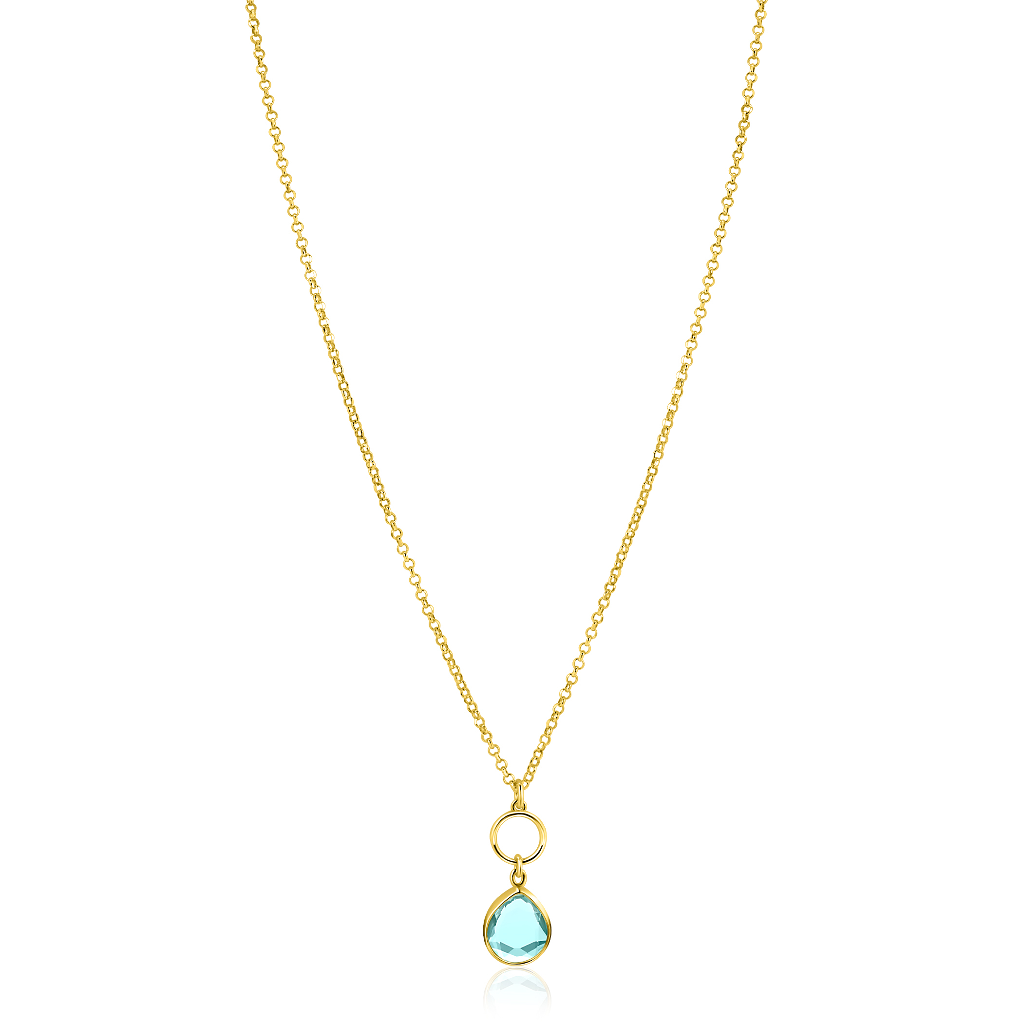 ZINZI gold plated zilveren ketting met open rondje en ovale hanger, bezet met turquoise kleursteen 40-45cm ZIC2716G