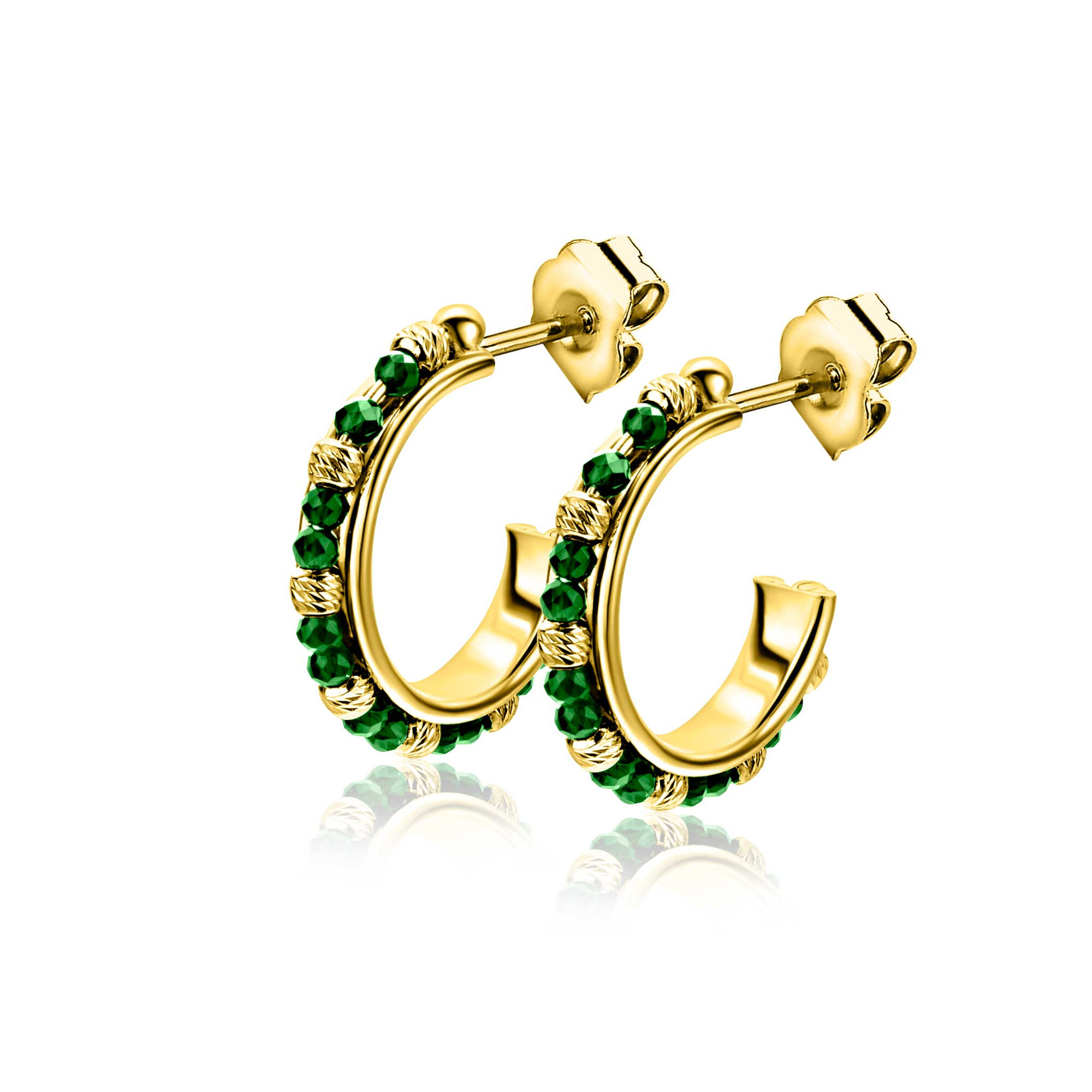 20mm ZINZI gold plated zilveren oorstekers met ronde groene beads en bewerkte bolletjes ZIO-BF129