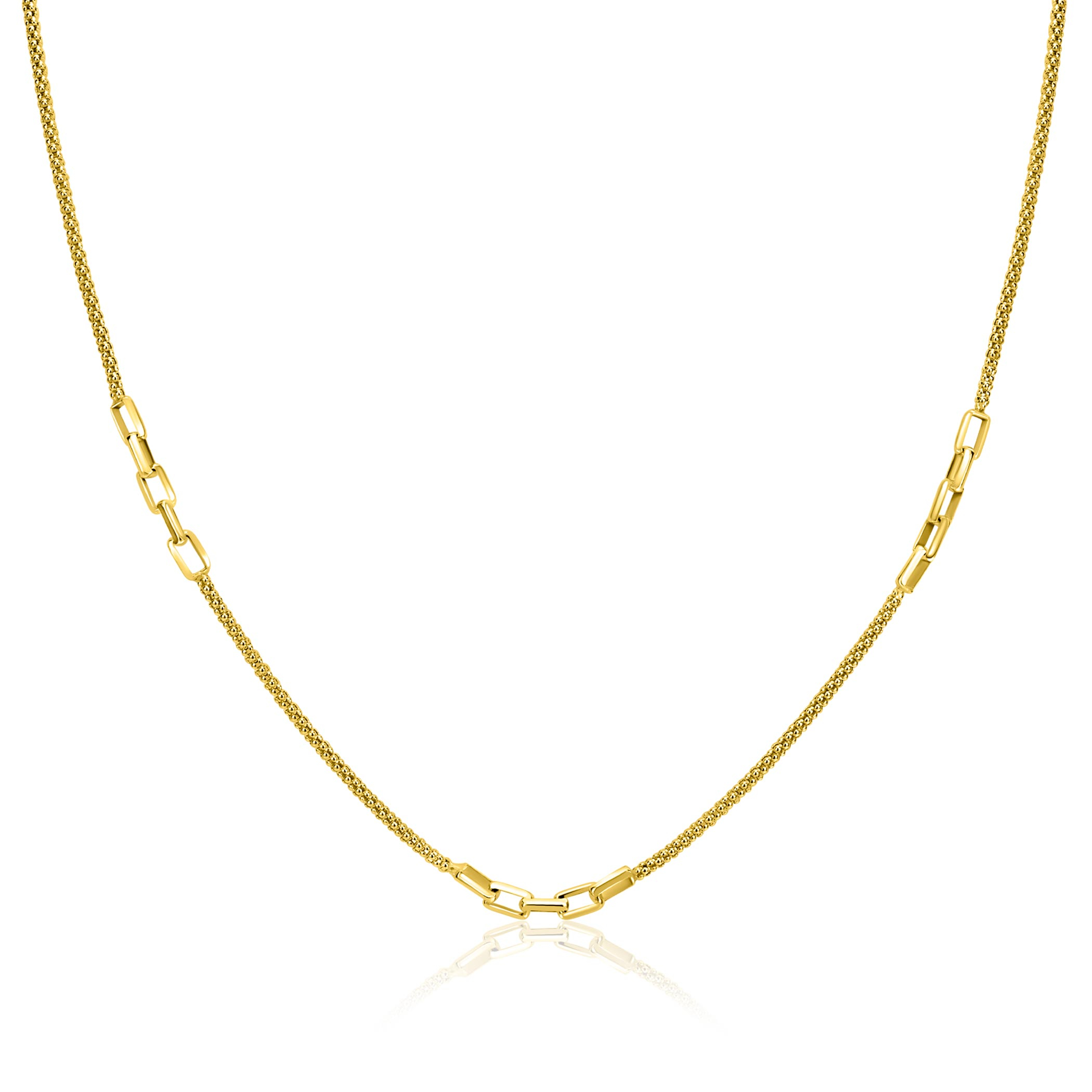 ZINZI gold plated zilveren popcorn schakelketting 45-48cm met drie paperclip schakelaccenten ZIC2709G