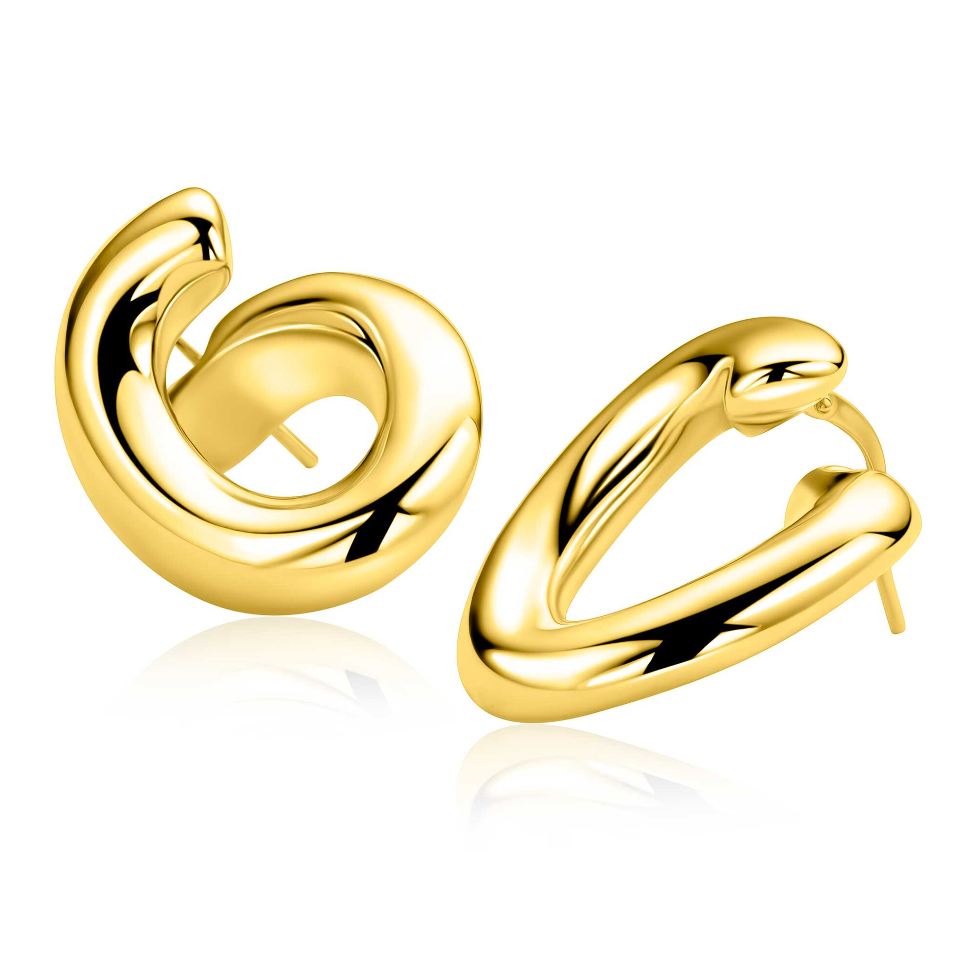 25mm ZINZI gold plated zilveren grote oorringen in ronde organische vorm met vloeiende lijnen en handige bovensluiting ZIO2903G