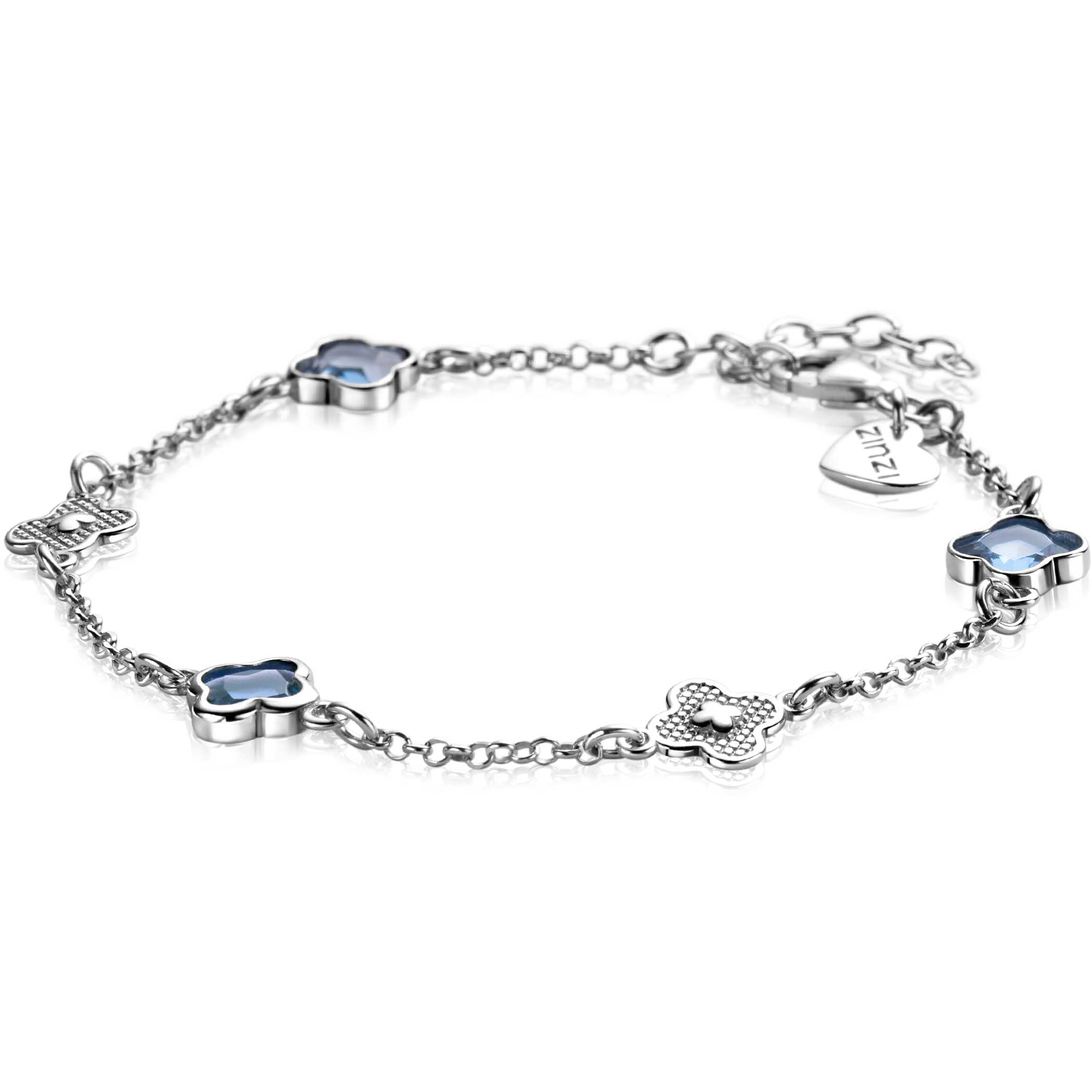 ZINZI zilveren schakel armband met twee zilveren en drie blauwe klavers 16-19cm ZIA2582
