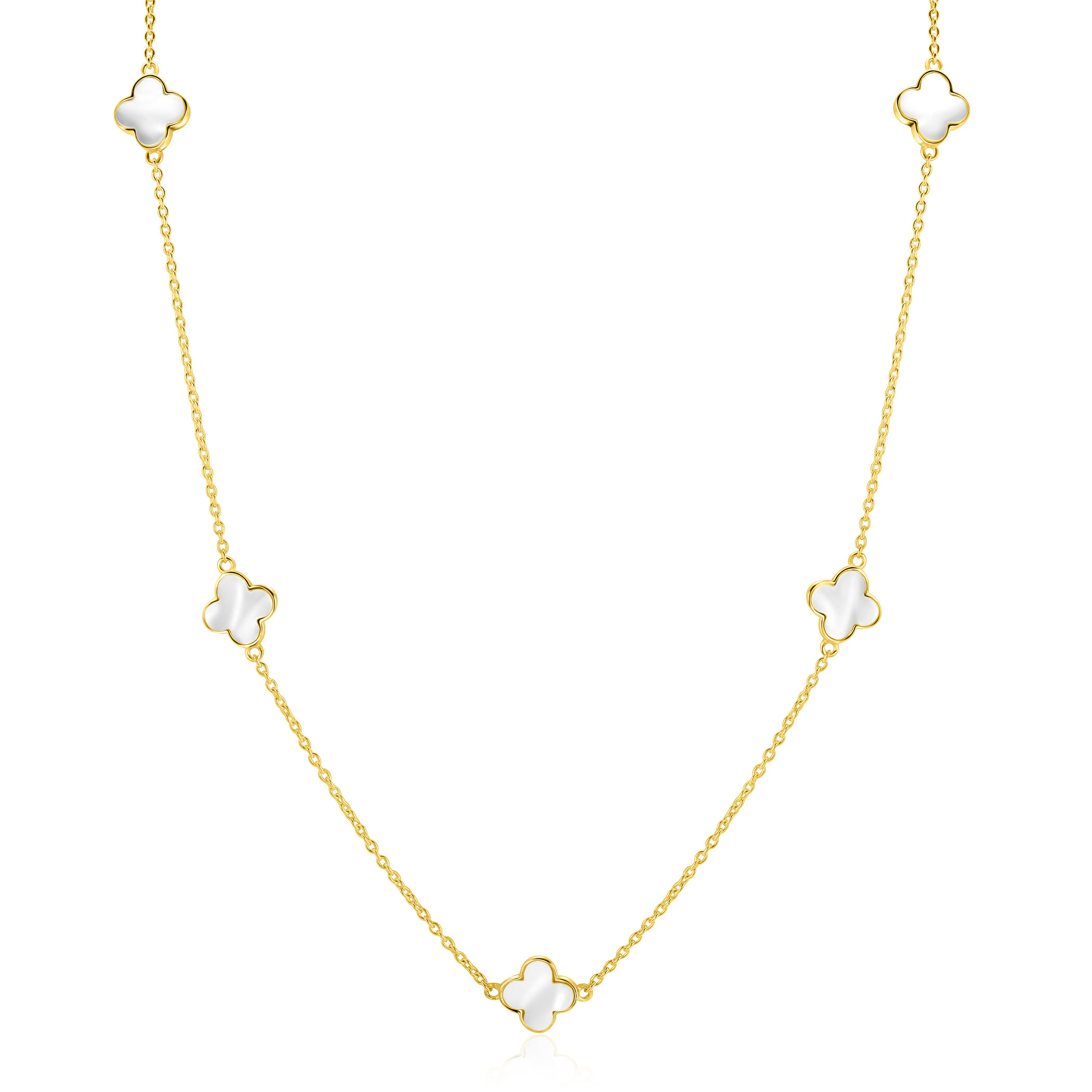 ZINZI gold plated zilveren ketting met vijf klavers 11mm in parelmoer 42-45cm ZIC-BF153
