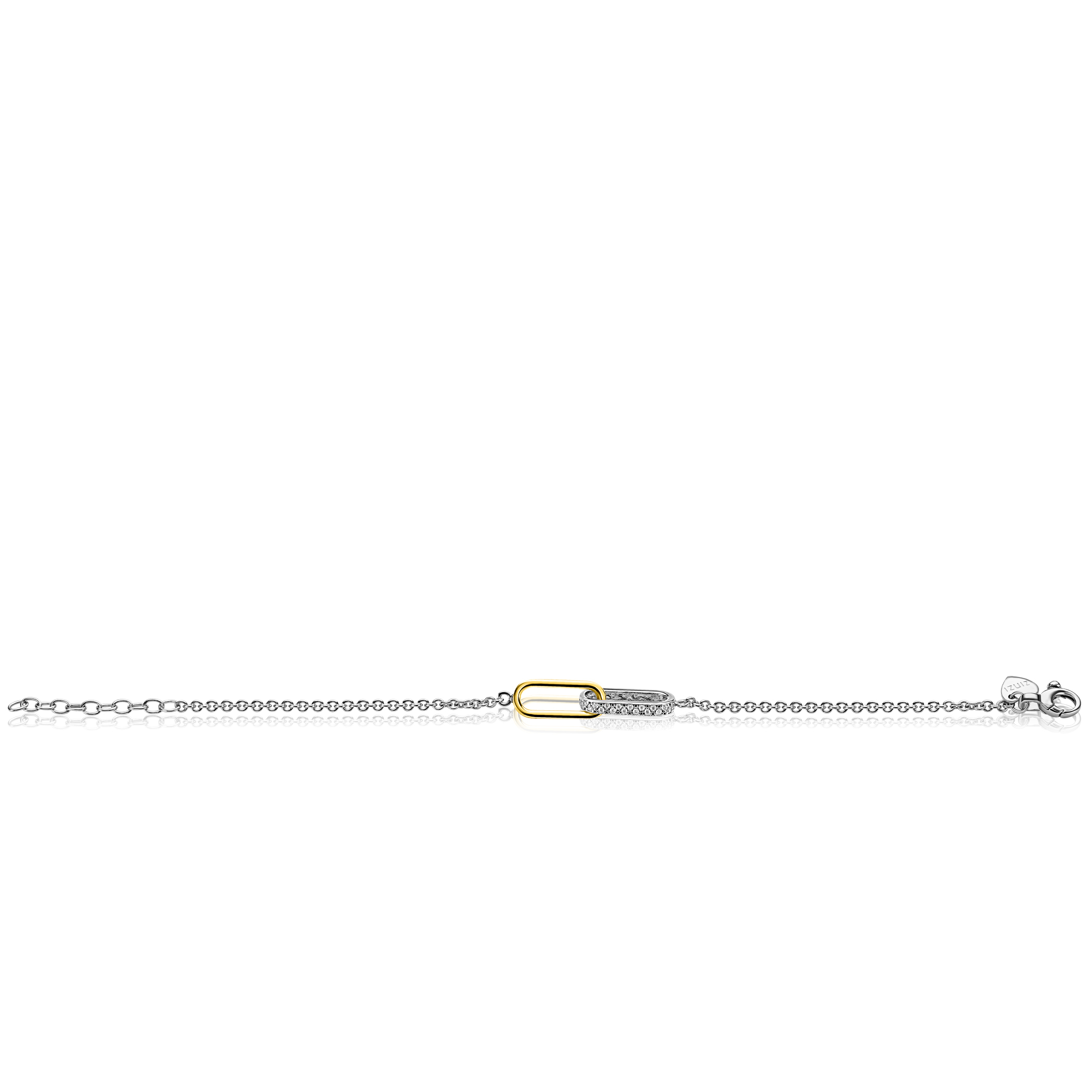ZINZI zilveren schakelarmband met twee verbonden ovale schakels: ene gold plated, ander bezet met witte zirkonia's ZIA2758