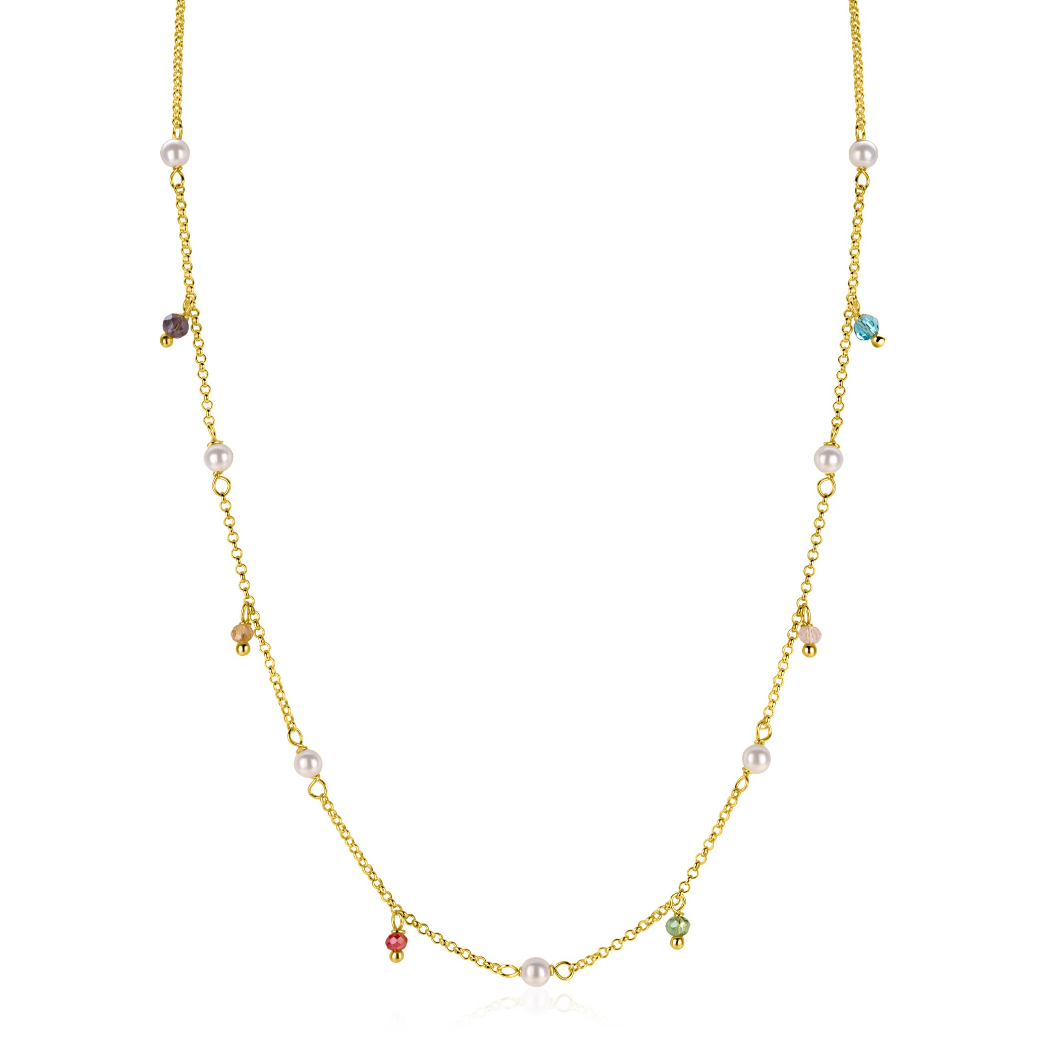 ZINZI gold plated zilveren ketting met witte parels en bungelende beads (5,5 mm) in frisse kleuren 42-45cm ZIC2705G