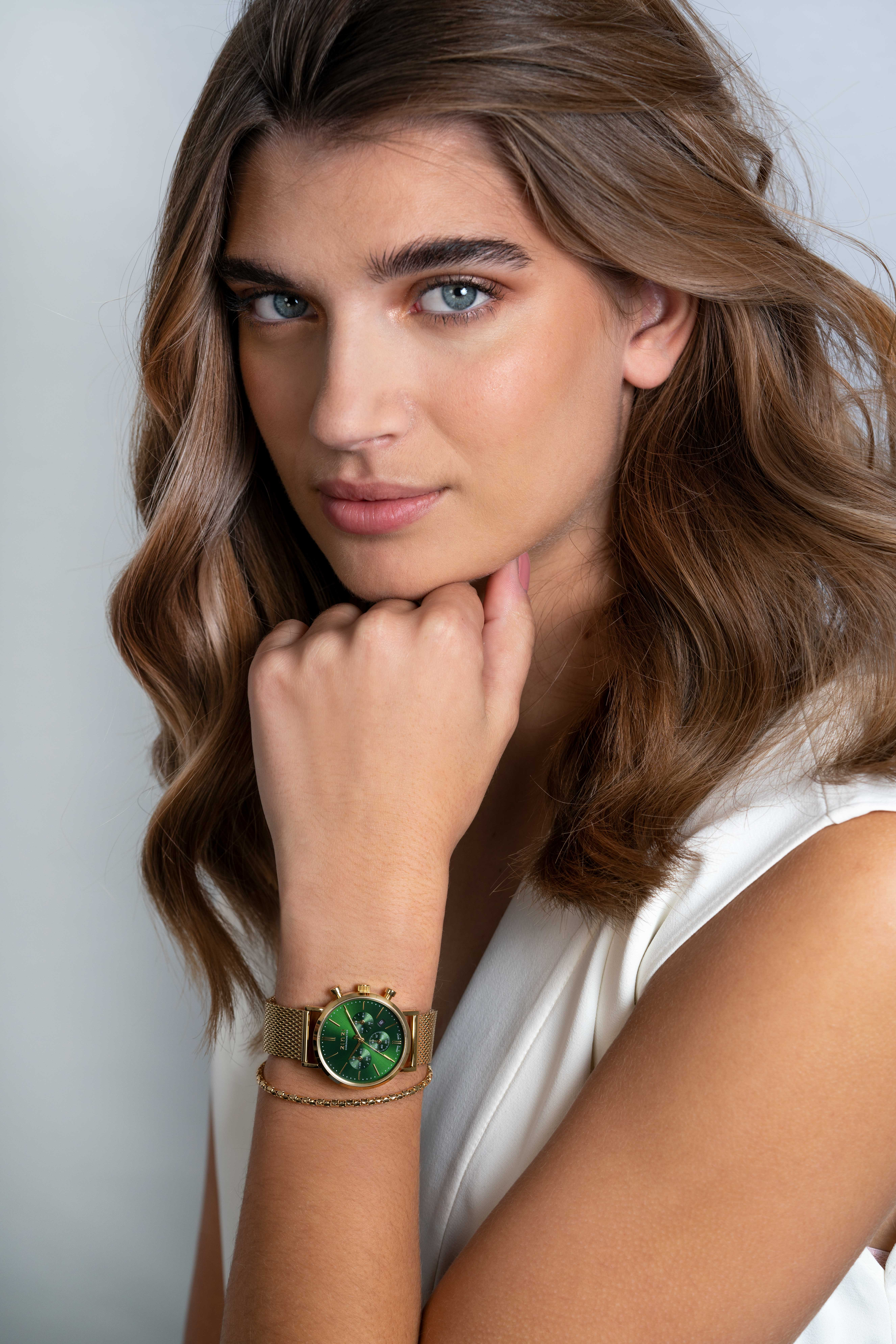 ZINZI horloge CHRONOGRAPH 34mm groene wijzerplaat met datum en chronometers, geelgoudkleurige stalen kast, geelgoudkleurige stalen mesh band 18mm ZIW1535
