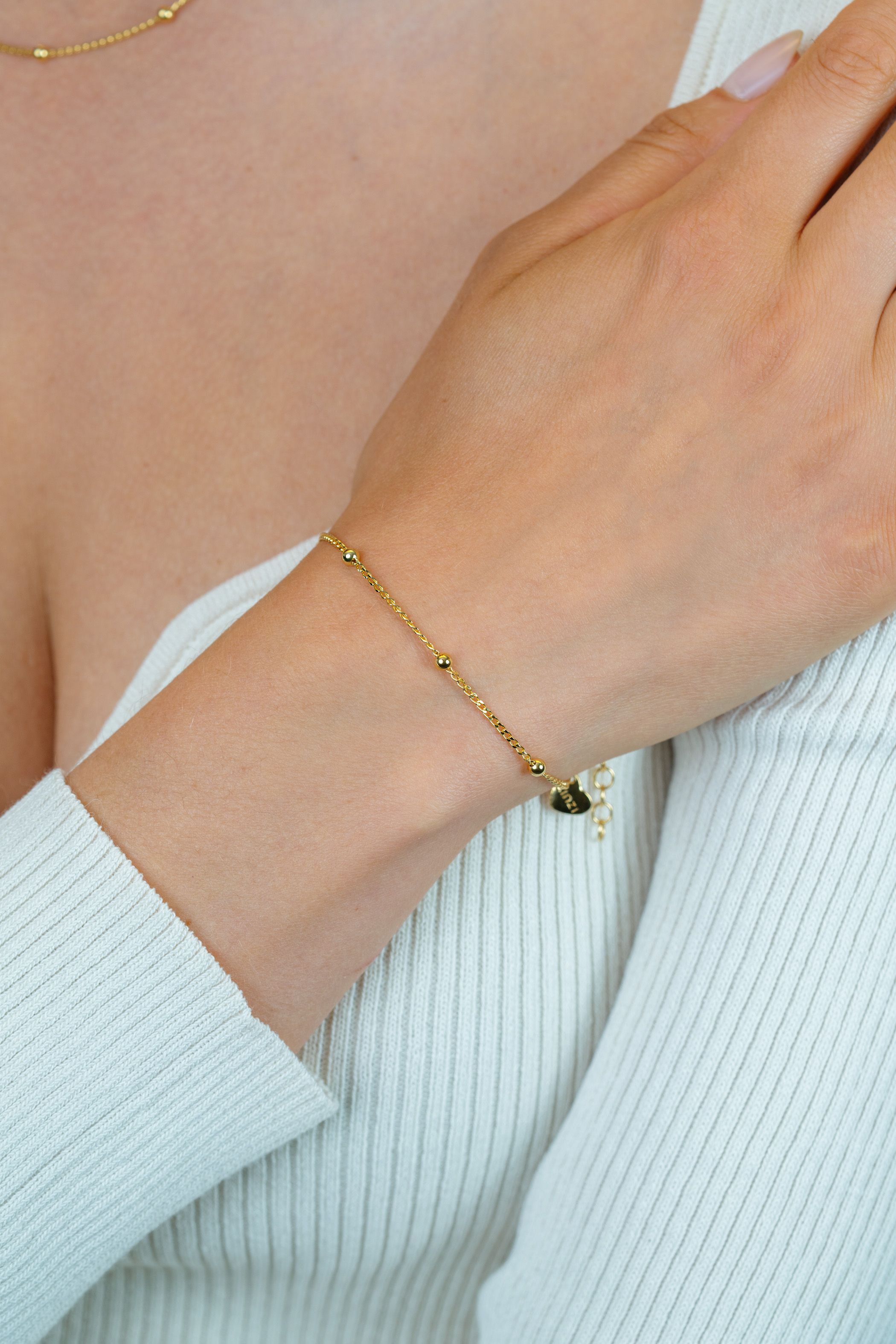 ZINZI gold plated zilveren gourmet schakelarmband met vijf glanzende bolletjes (3mm breed) ZIA2714G