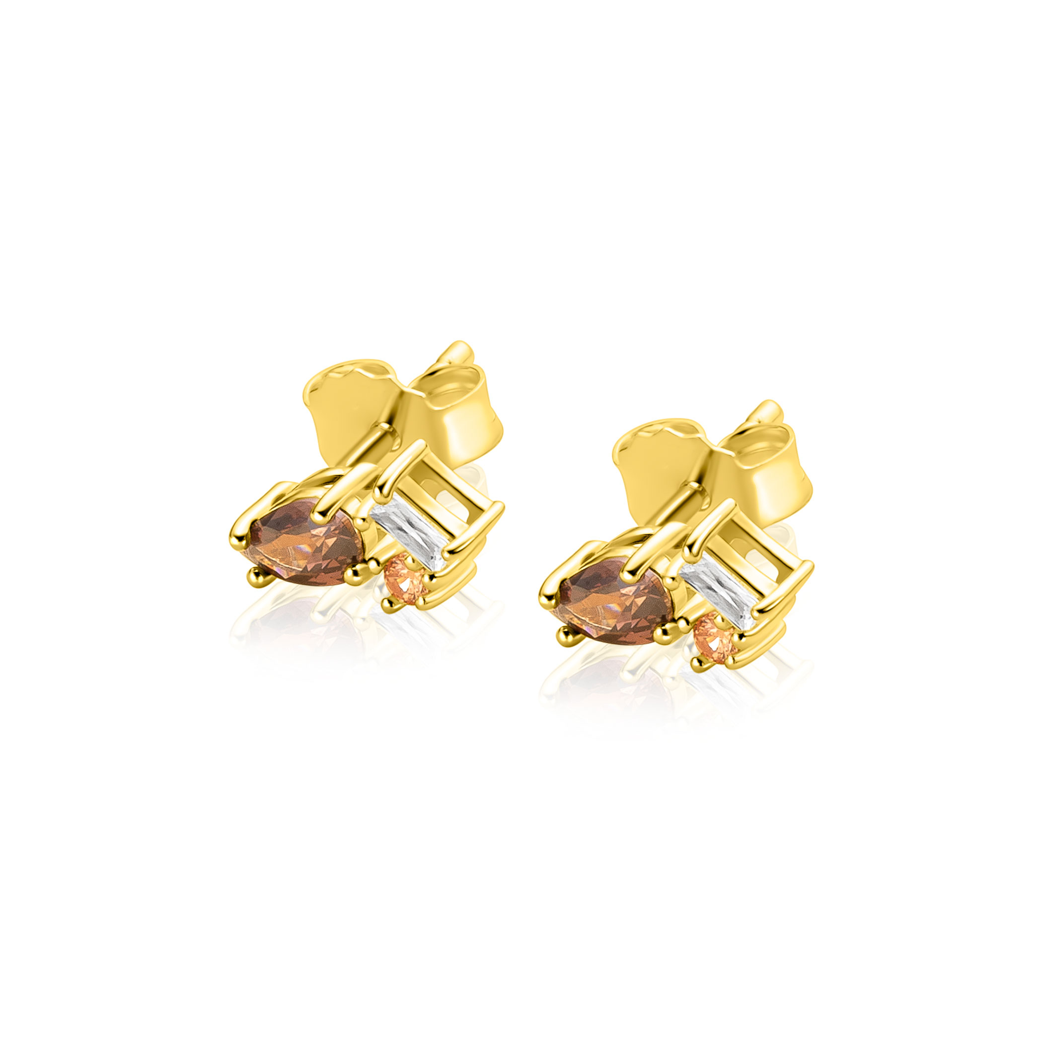 9mm ZINZI gold plated zilveren oorknoppen bezet met bruine, champagne en witte zirkonia's ZIO-BF142
