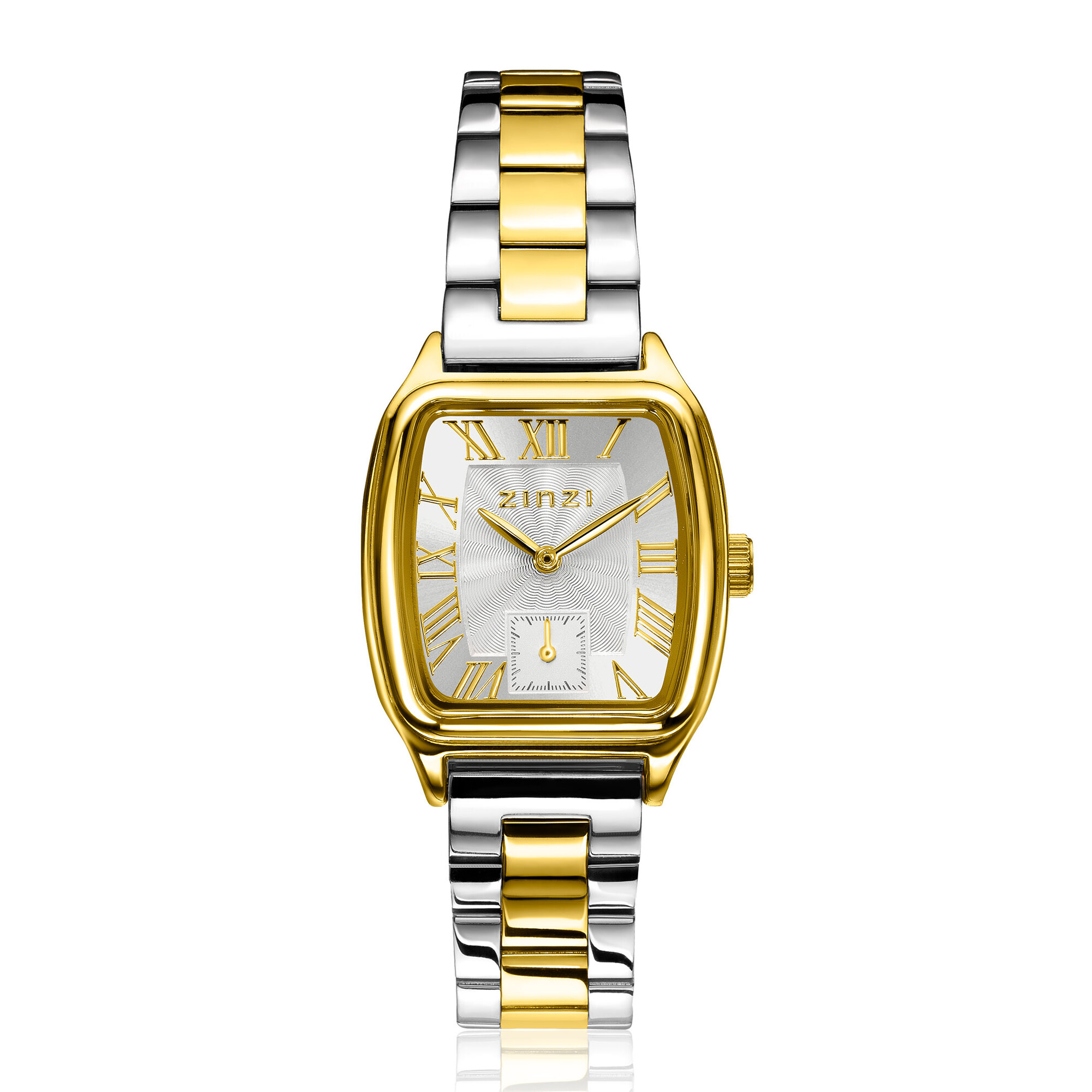 ZINZI Contour bicolor horloge zilveren sunray wijzerplaat en vintage kast stalen bicolor schakelband 26mm extra dun ZIW3033
