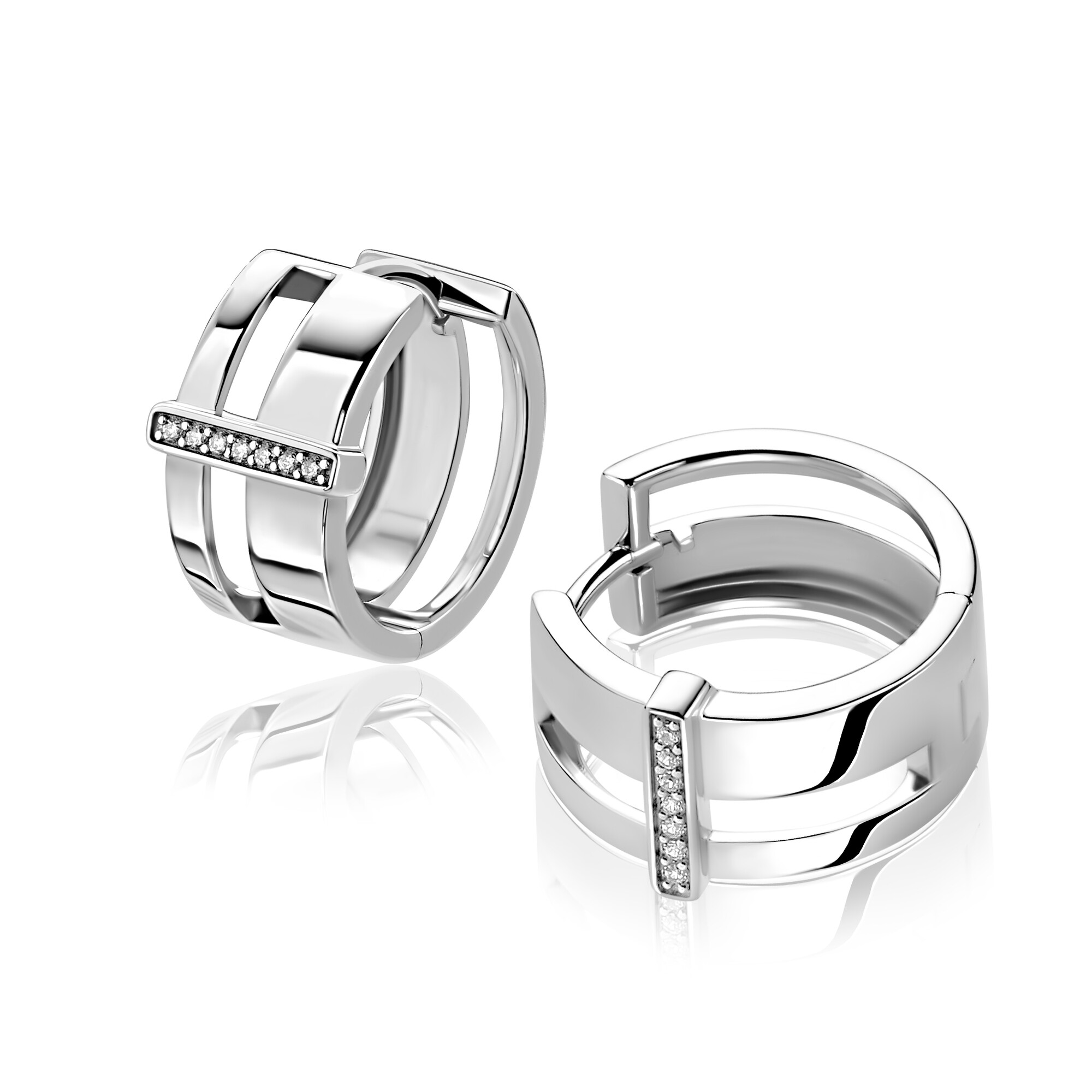 17mm ZINZI zilveren oorringen met 2 banen en verbonden staafje met witte zirkonia’s, luxe scharniersluiting ZIO2728