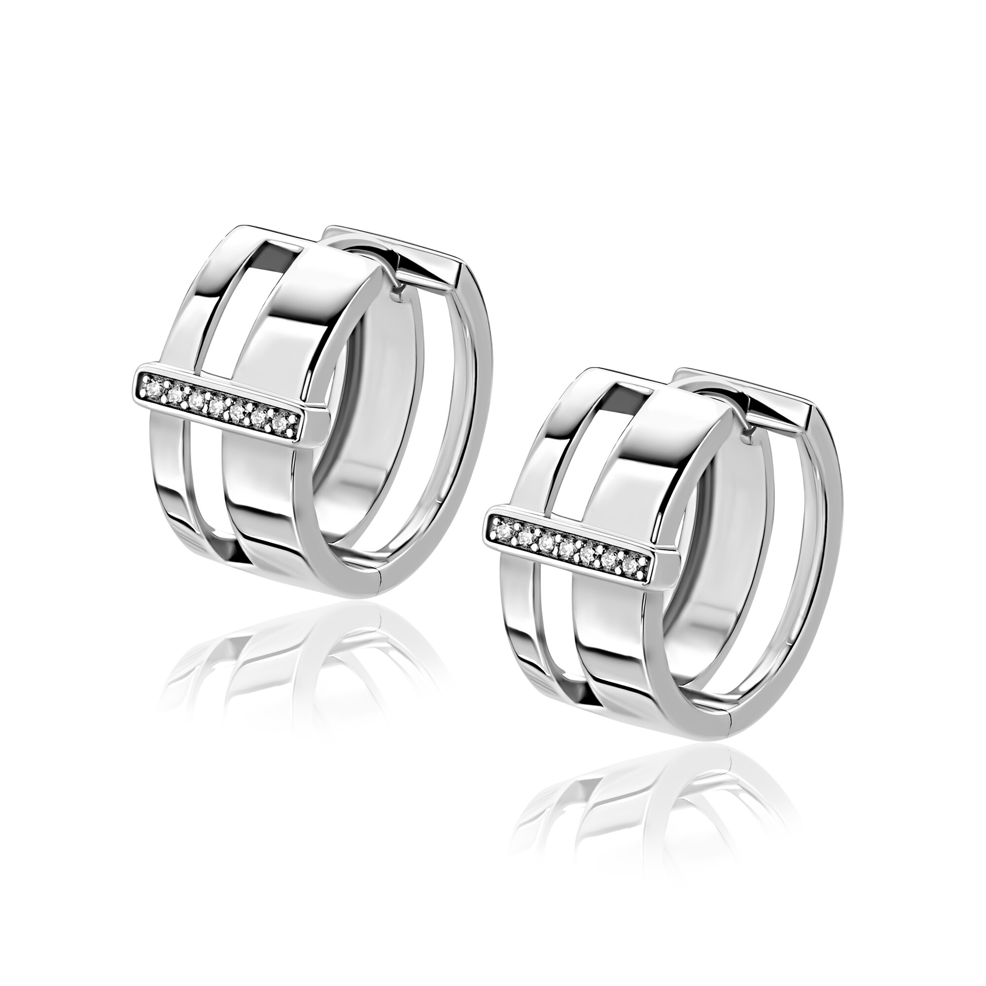 17mm ZINZI zilveren oorringen met 2 banen en verbonden staafje met witte zirkonia’s, luxe scharniersluiting ZIO2728