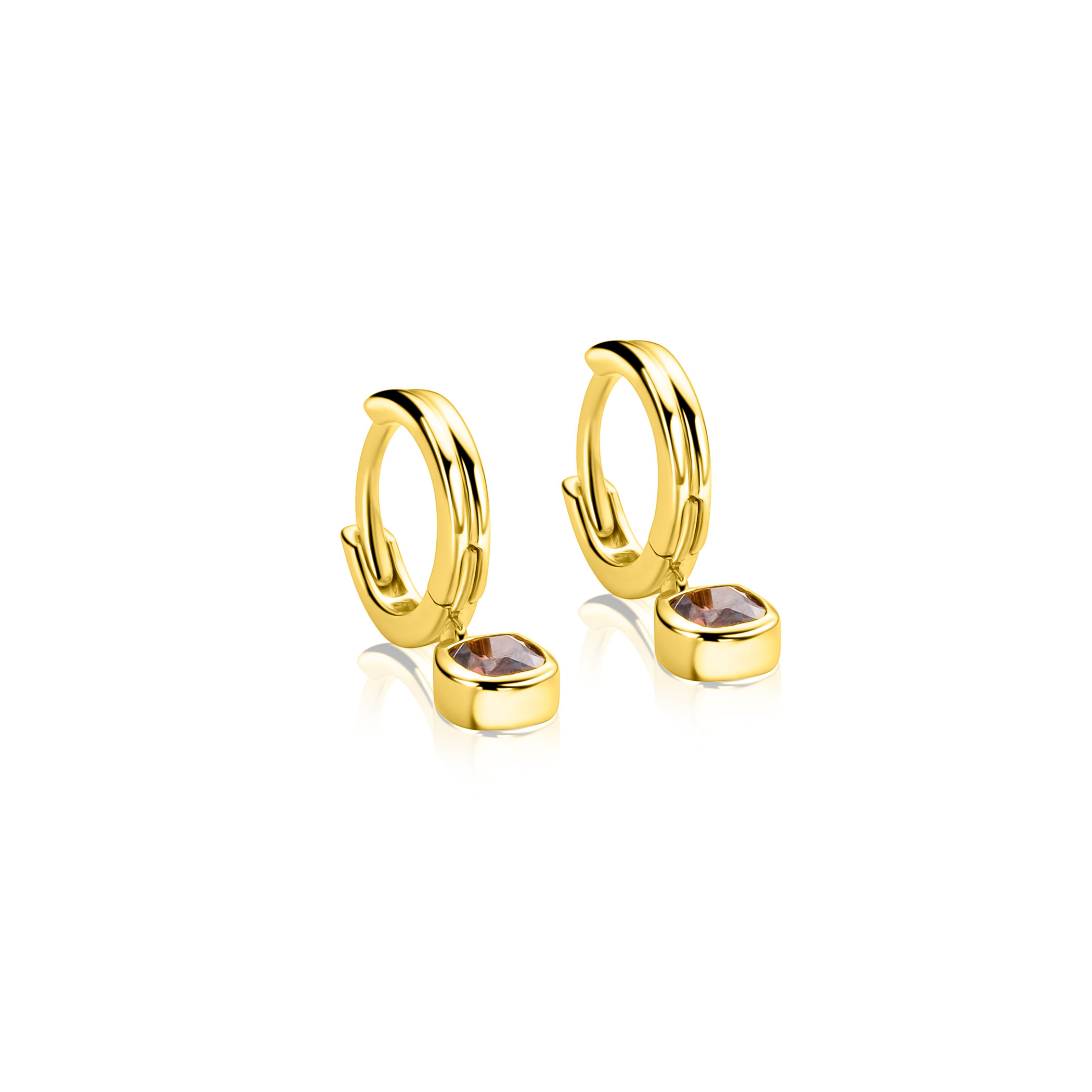 19mm ZINZI gold plated zilveren oorringen met bungelende vierkante bruine zirkonia's ZIO-BF154
