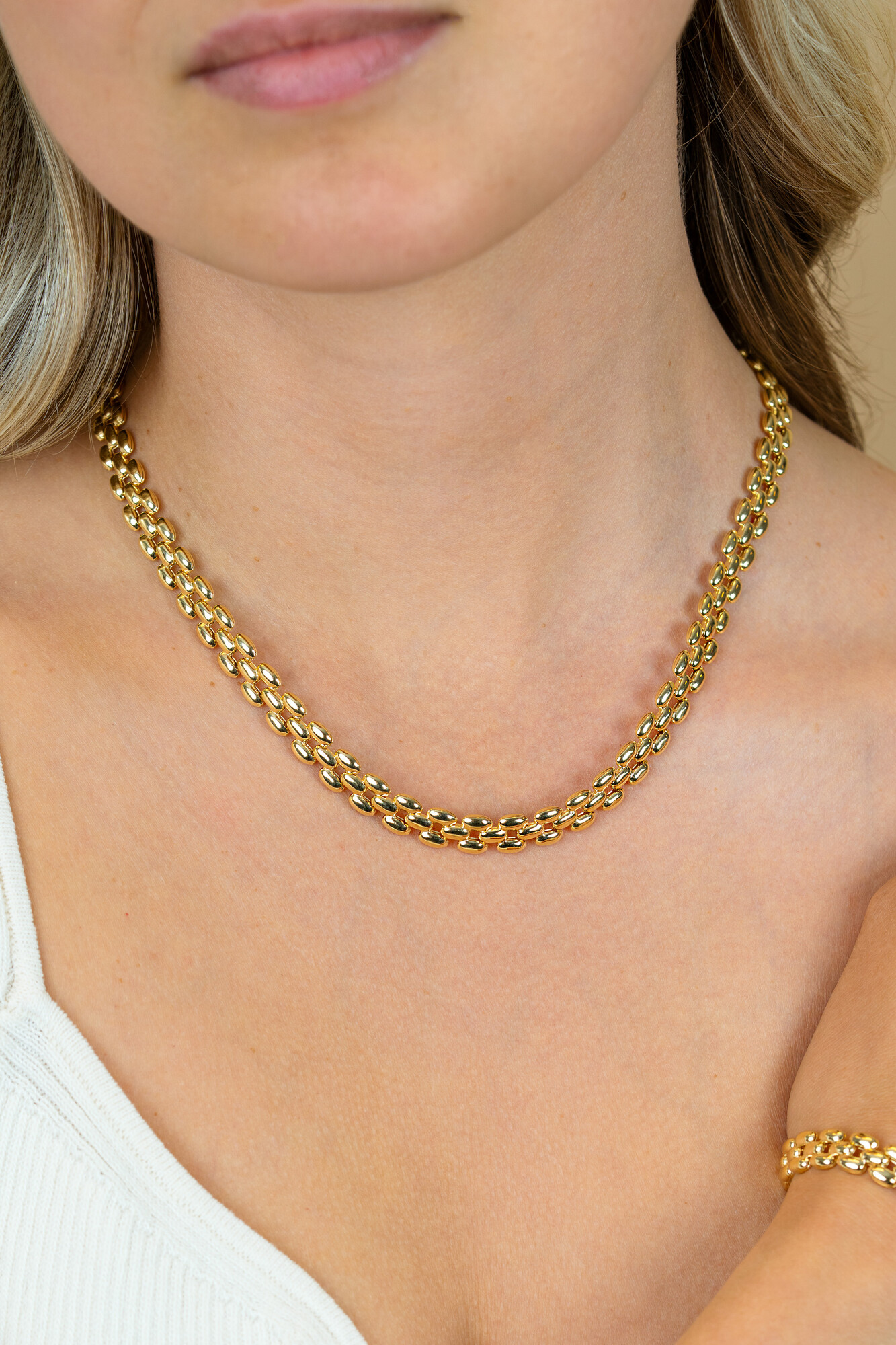 ZINZI gold plated zilveren brede rolex-style schakel-collier 8mm breed 43cm ZIC2764G