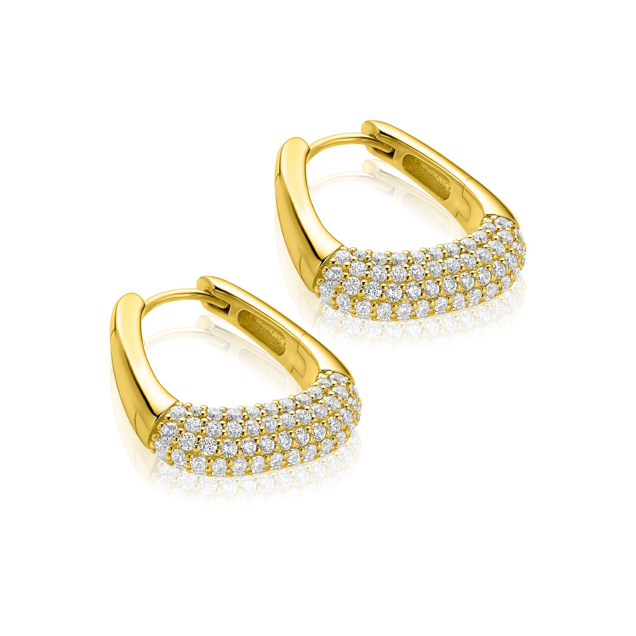 21mm ZINZI goldplated zilveren oorringen glad in een trendy tasvorm, sierlijk bezet met witte zirkonia's en luxe klapsluiting ZIO2806Y
