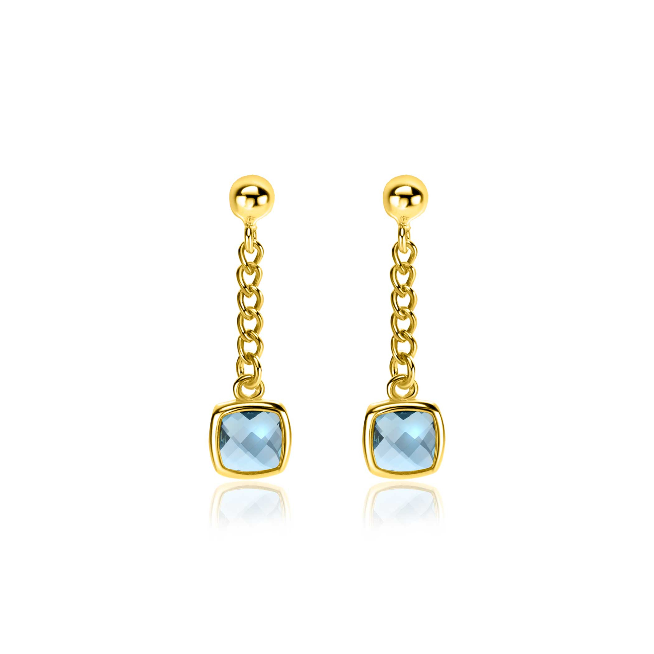 25mm ZINZI gold plated zilveren oorstekers met gourmet kettinkje en vierkante zetting bezet met indigo blauwe kleursteen ZIO2417G