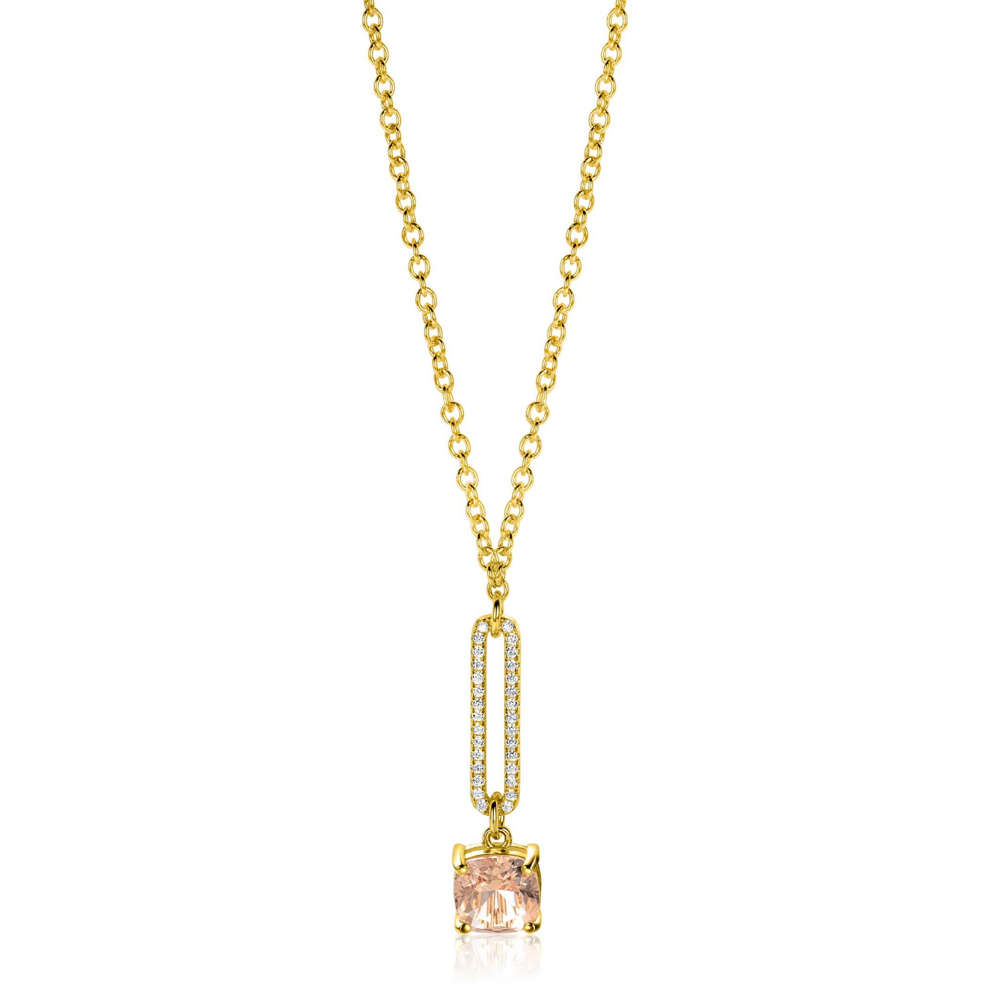 ZINZI gold plated zilveren jasseron ketting met schitterende open ovale vorm en vierkante hanger in licht roze 42-45cm ZIC2579
