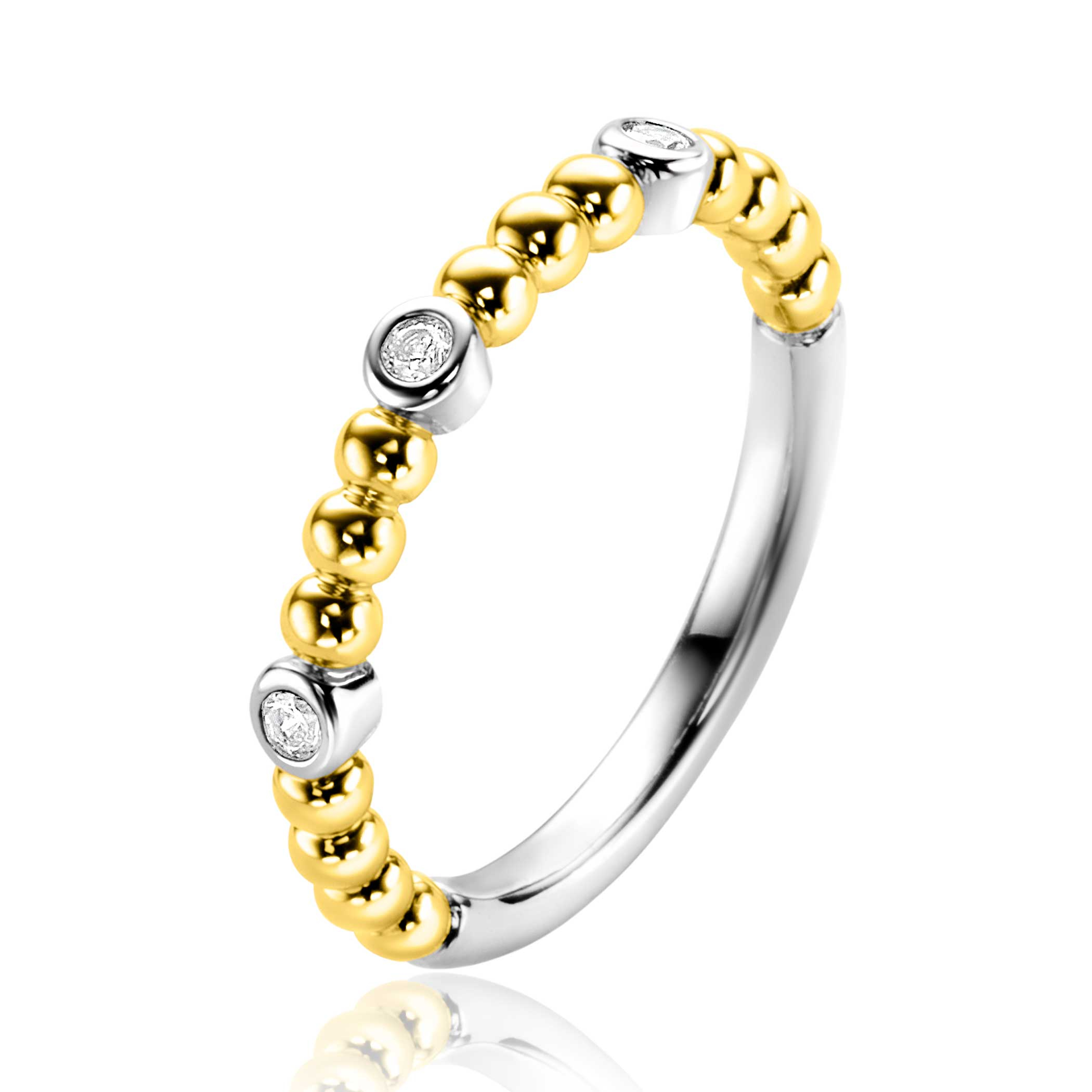 ZINZI gold plated zilveren aanschuifring met bolletjes scheen en drie ronde zettingen bezet met witte zirconia ZIR2569C