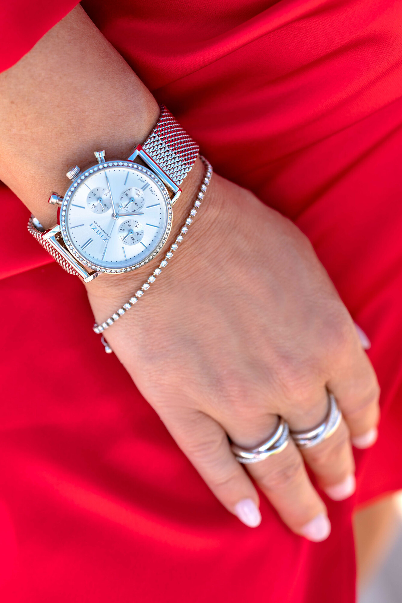 ZINZI horloge CHRONOGRAPH 36mm stopwatch zilverkleurige wijzerplaat, stalen kast met crystals, stalen mesh band 18mm ZIW1602
