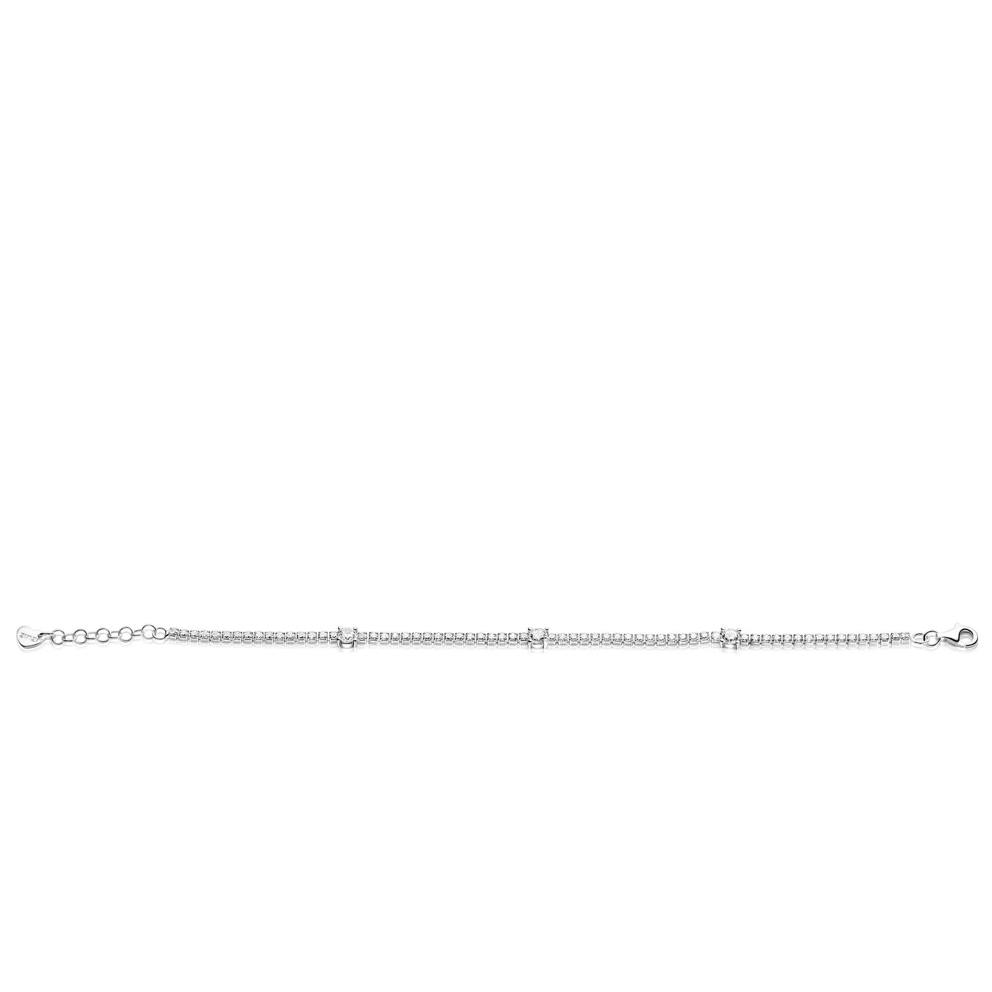 ZINZI zilveren tennisarmband 2,1mm breed bezet met witte zirkonia’s in verfijnde rijzetting, afgewisseld met drie grotere witte zirkonia's (4,3mm) in chatonzetting ZIA2894