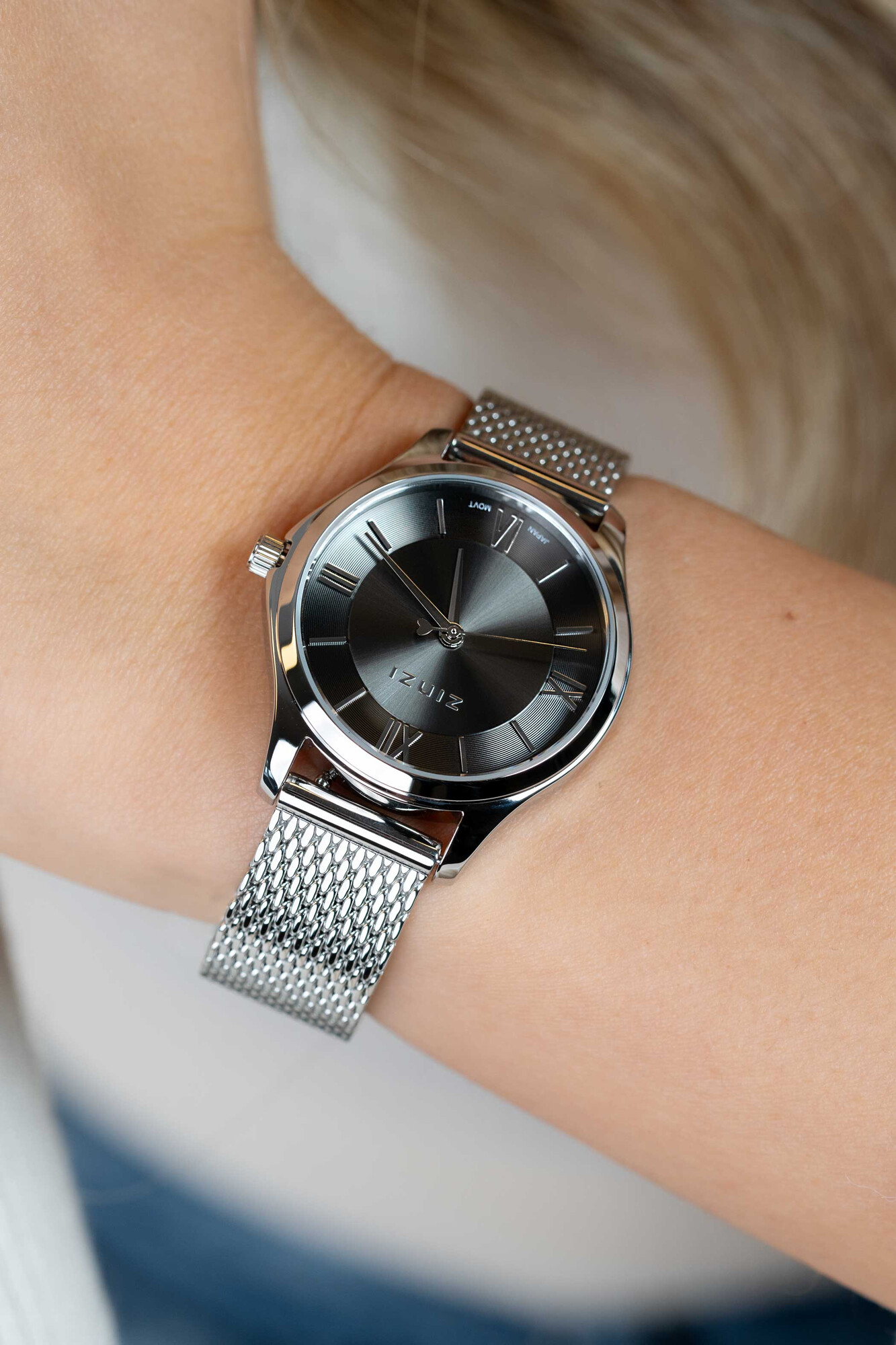 ZINZI Classy Mini horloge 30mm grijze wijzerplaat stalen kast en meshband ZIW1224M
