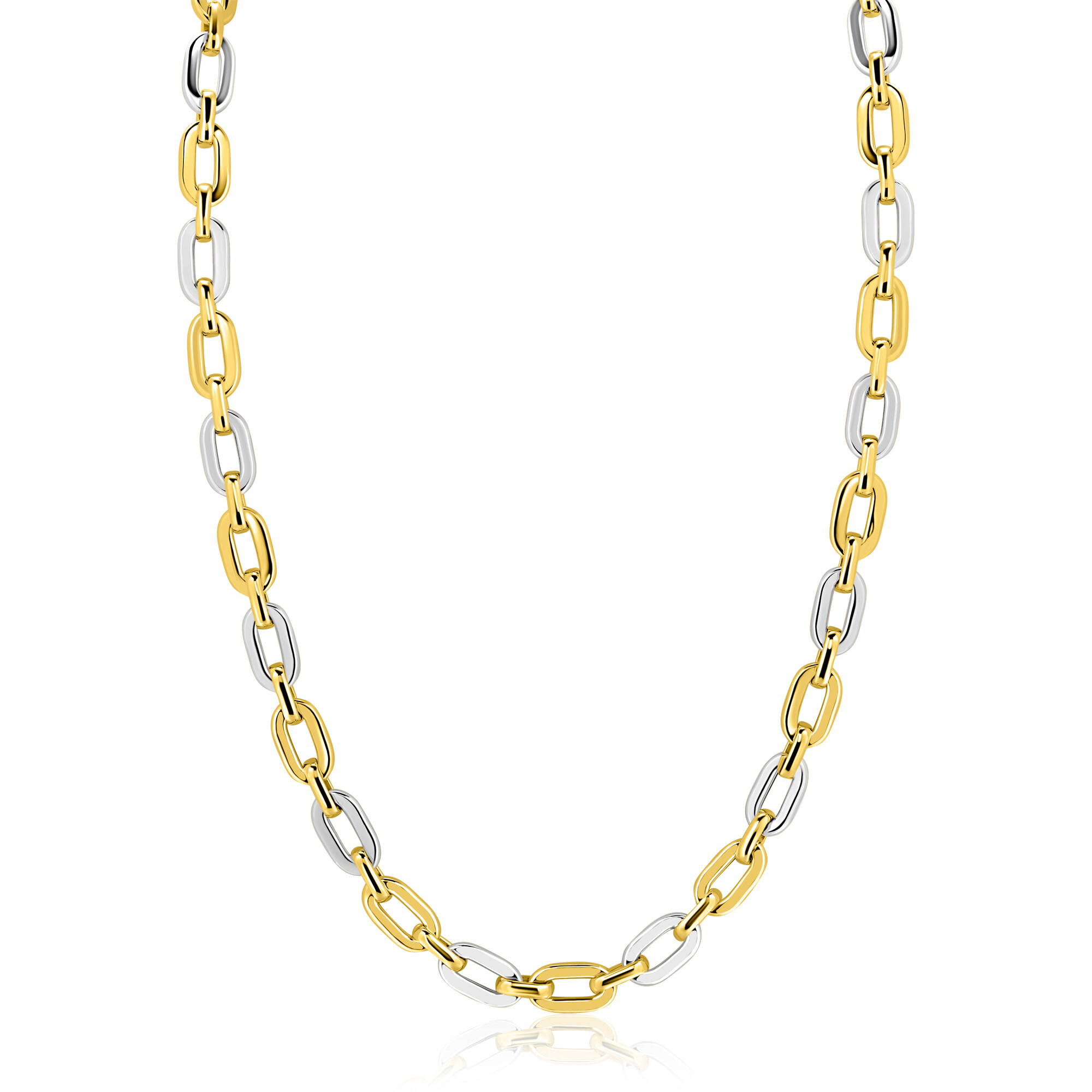 ZINZI gold plated zilveren schakelketting 42-45cm met bicolor rechthoekige schakels (6,5mm breed) ZIC2757