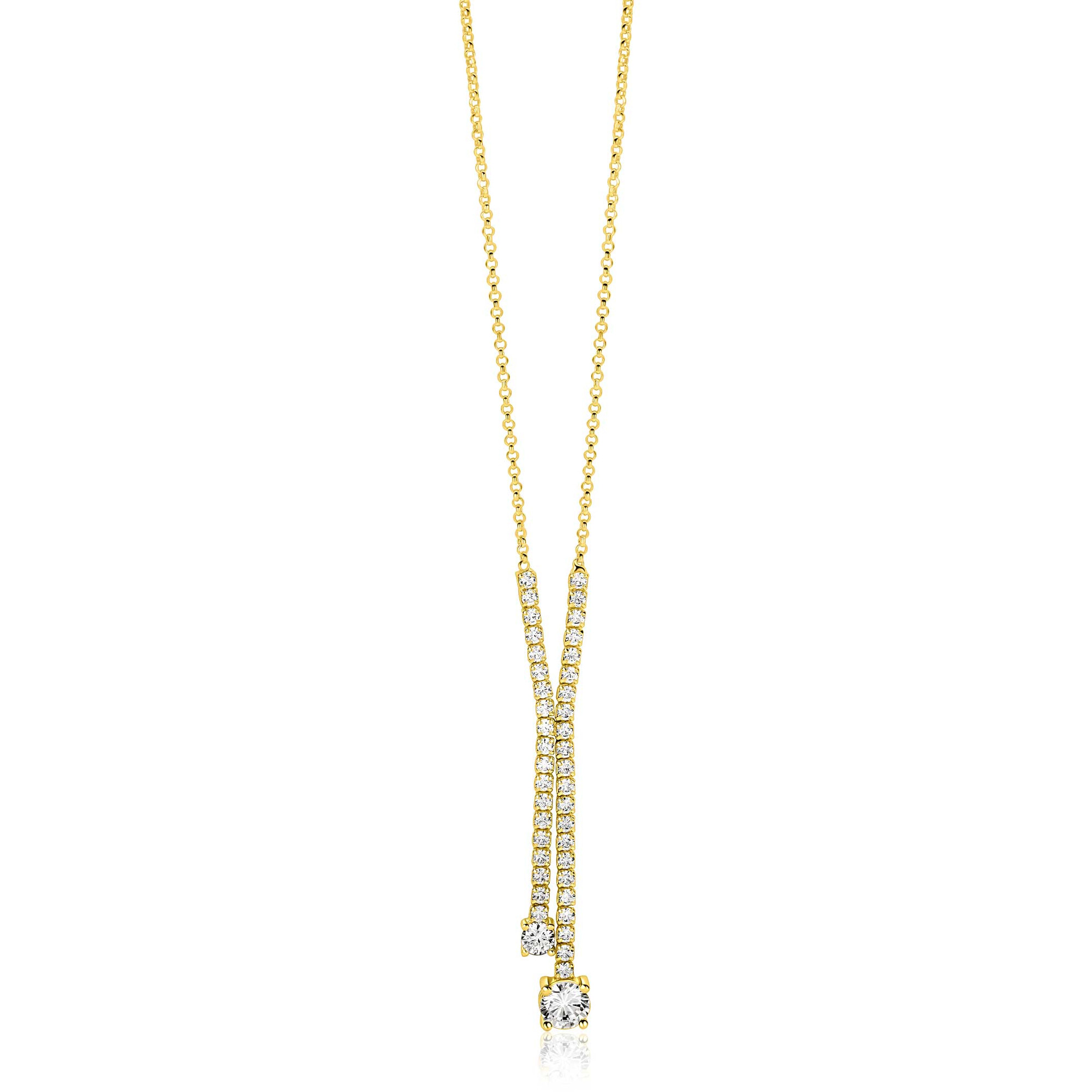 ZINZI gold plated zilveren Y-collier 45cm met luxe tennislook en witte zirkonia's in rijzetting met twee grotere witte zirkonia's ZIC2894Y