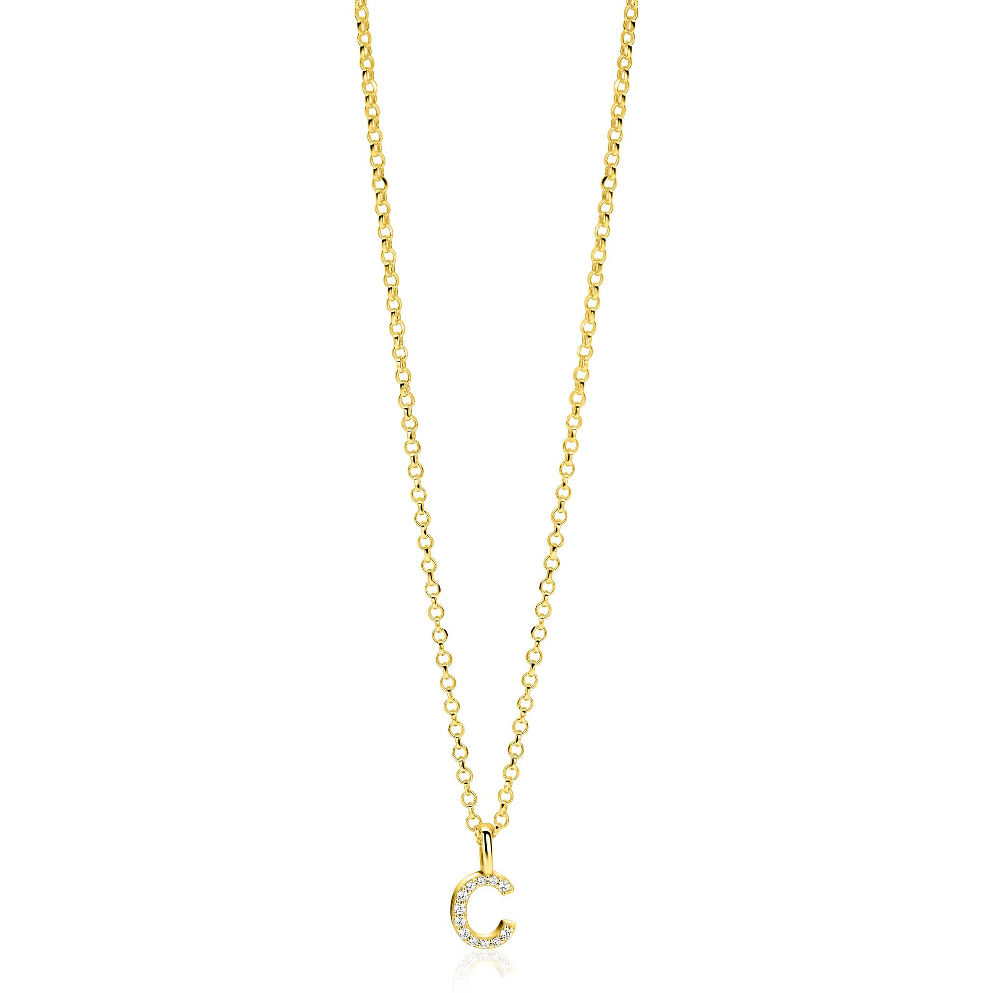 ZINZI gold plated zilveren letter hanger C bezet met witte zirkonia's ZIH2828-C (zonder ketting)