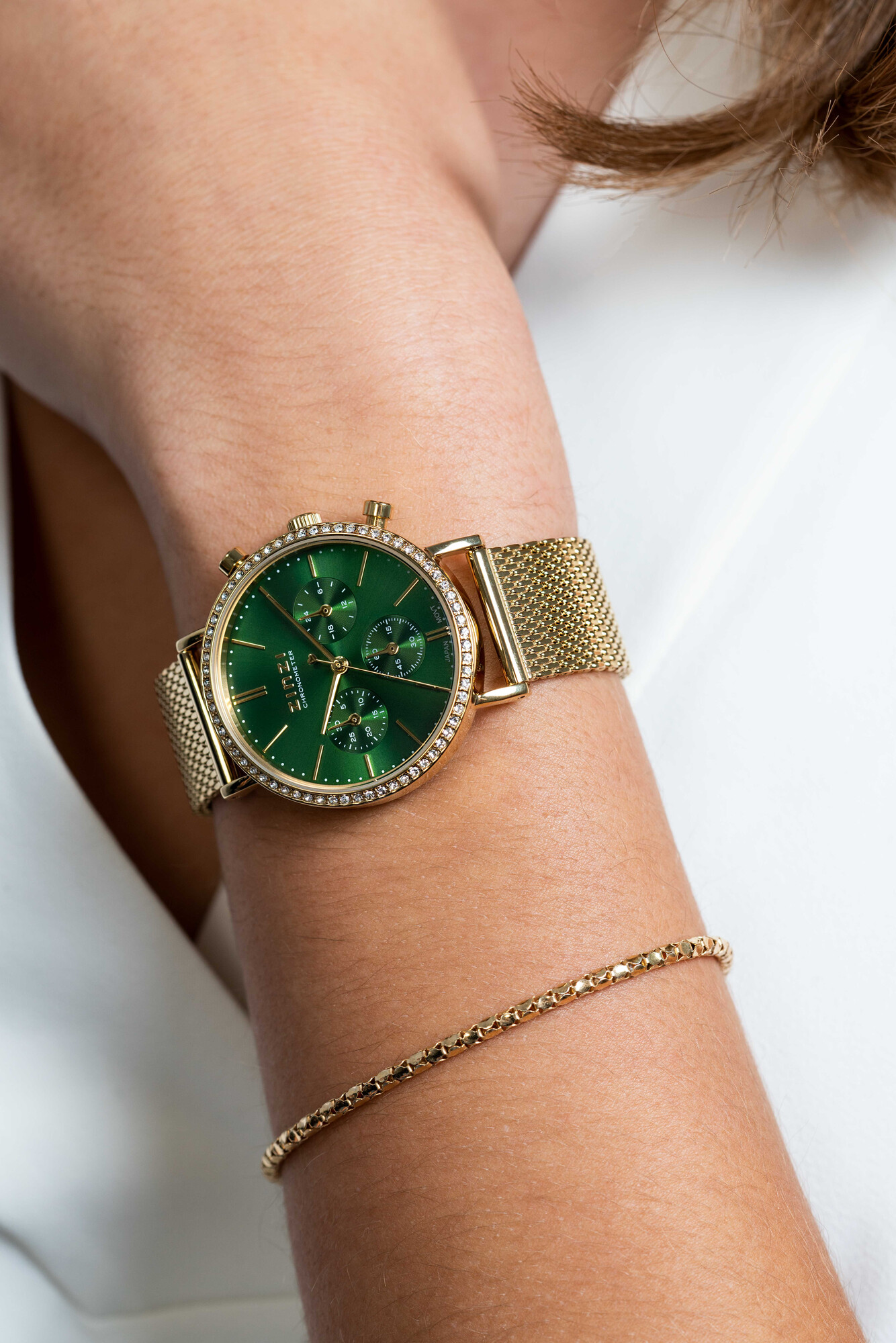 ZINZI horloge CHRONOGRAPH 36mm stopwatch groene wijzerplaat, geelgoudkleurige stalen kast met crystals, geelgoudkleurige stalen mesh band 18mm ZIW1635
