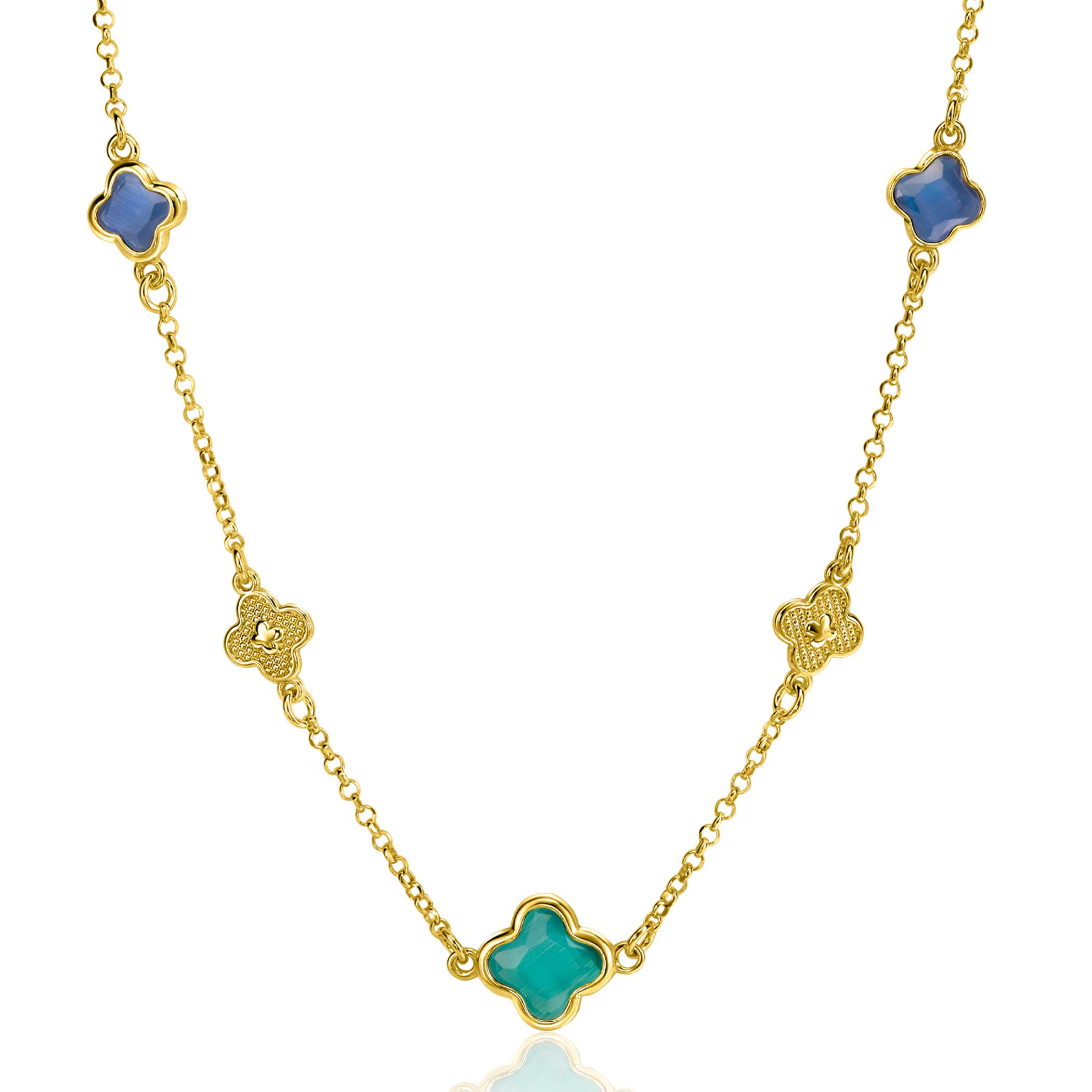ZINZI gold plated zilveren schakel ketting met twee donkerblauwe klavers en een grotere groene klaver 40-45cm ZIC2583