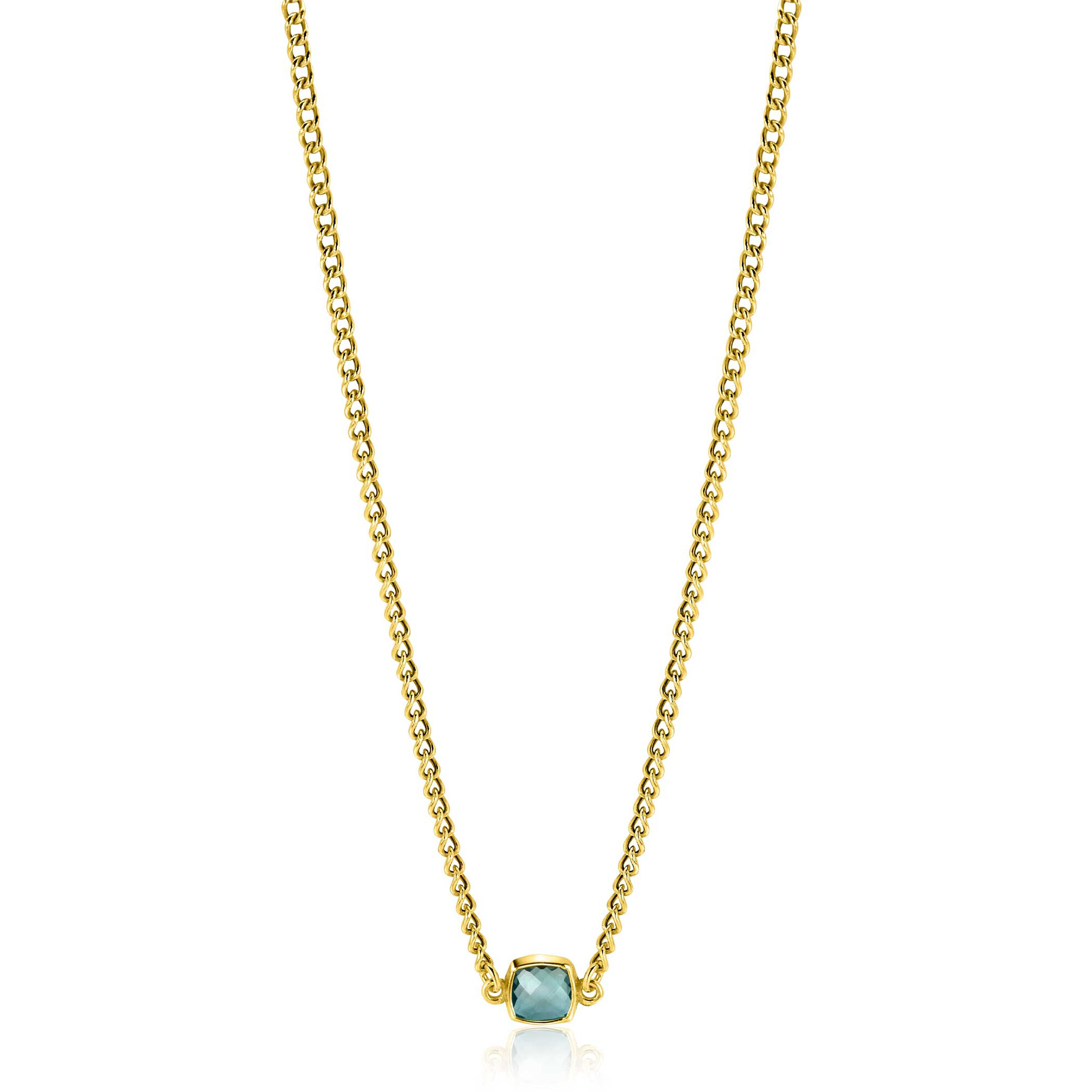 ZINZI gold plated zilveren gourmet ketting met vierkante zetting bezet met indigo blauwe kleursteen 40-45cm ZIC2417G