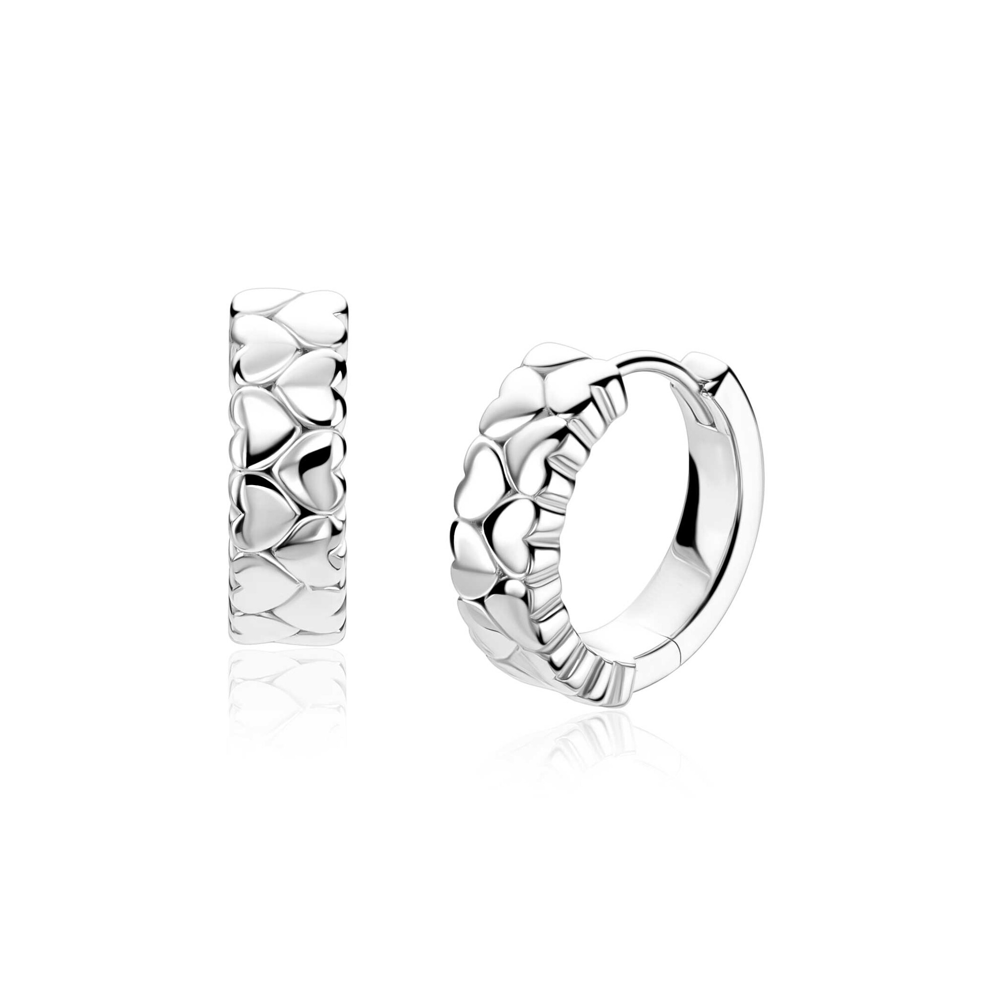 16mm ZINZI zilveren oorringen met twee rijen aaneengeschakelde gladde hartjes, 5mm buisdikte en luxe klapsluiting  ZIO2882
