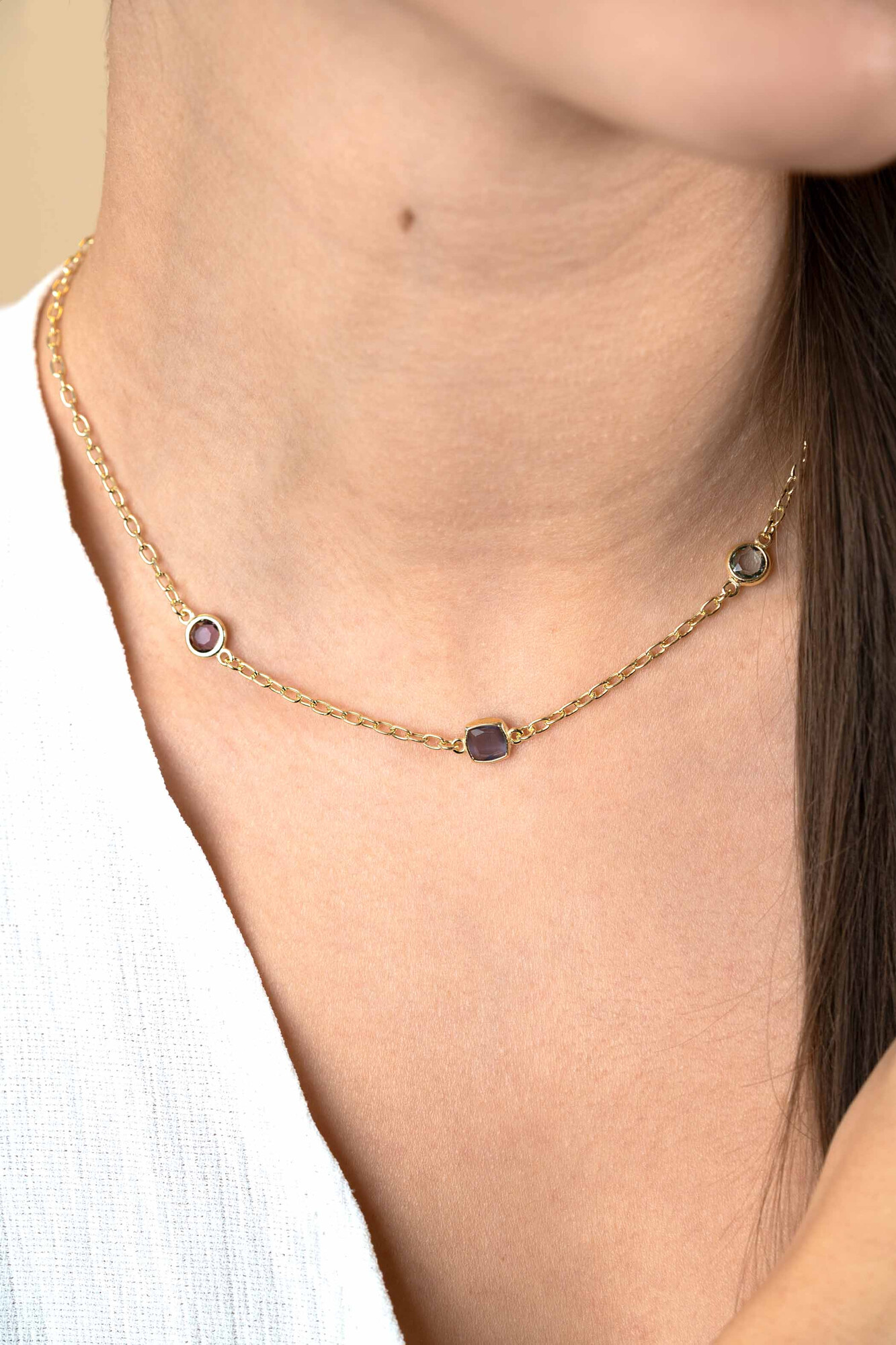 ZINZI gold plated zilveren schakelketting met ronde en vierkante zettingen pastel en paars 42-45cm ZIC2525G