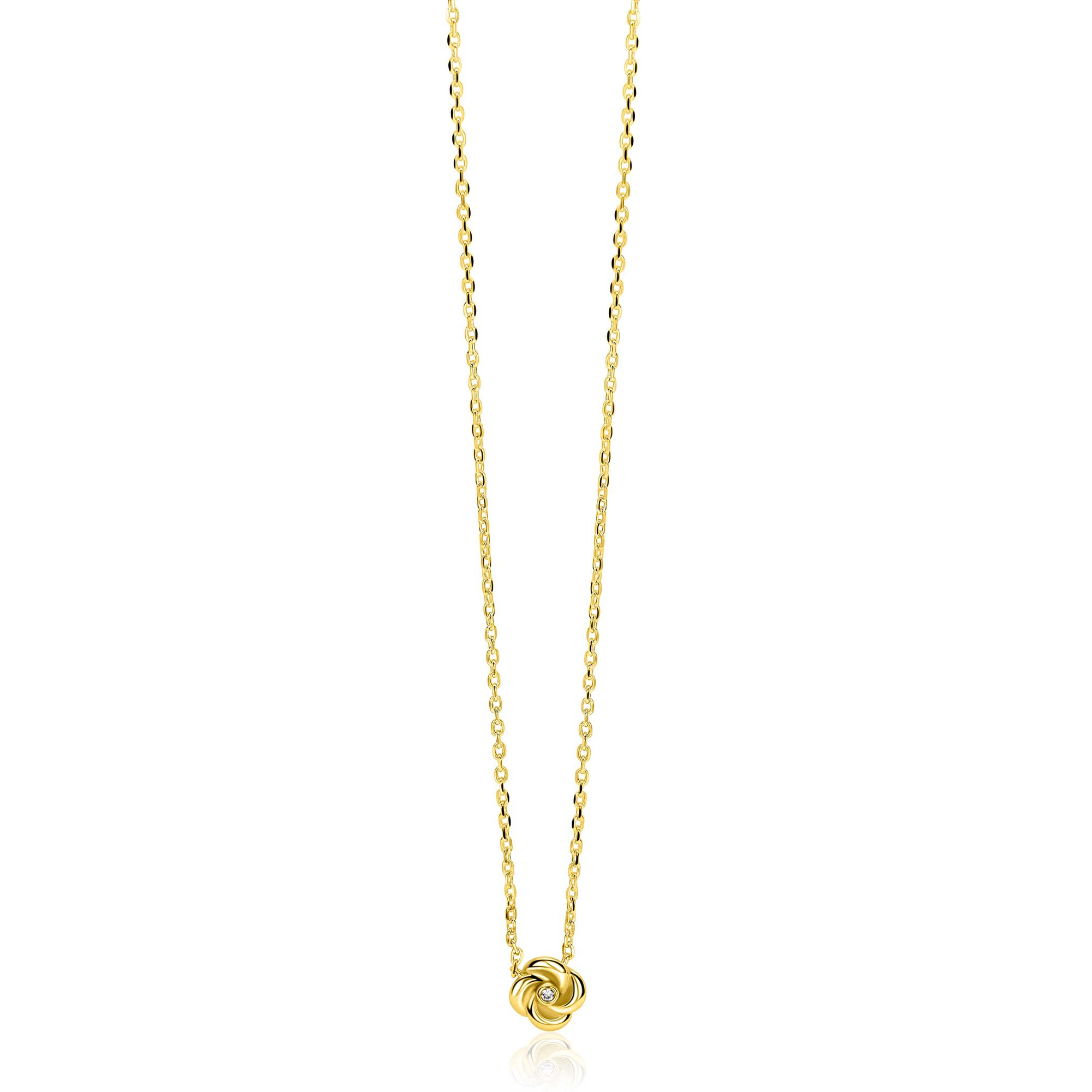 ZINZI gold plated zilveren ketting met hanger in roosdesign (9mm) en bezet met een witte zirkonia in het midden 42-45cm ZIC2872Y