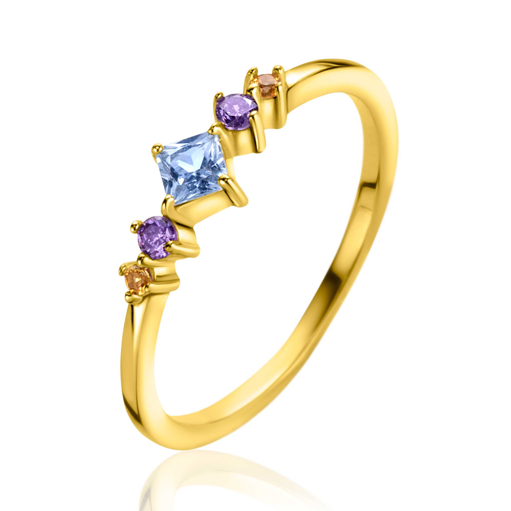 ZINZI gold plated zilveren ring met blauw, paars en champagne kleurstenen in ruitvorm ZIR2443C