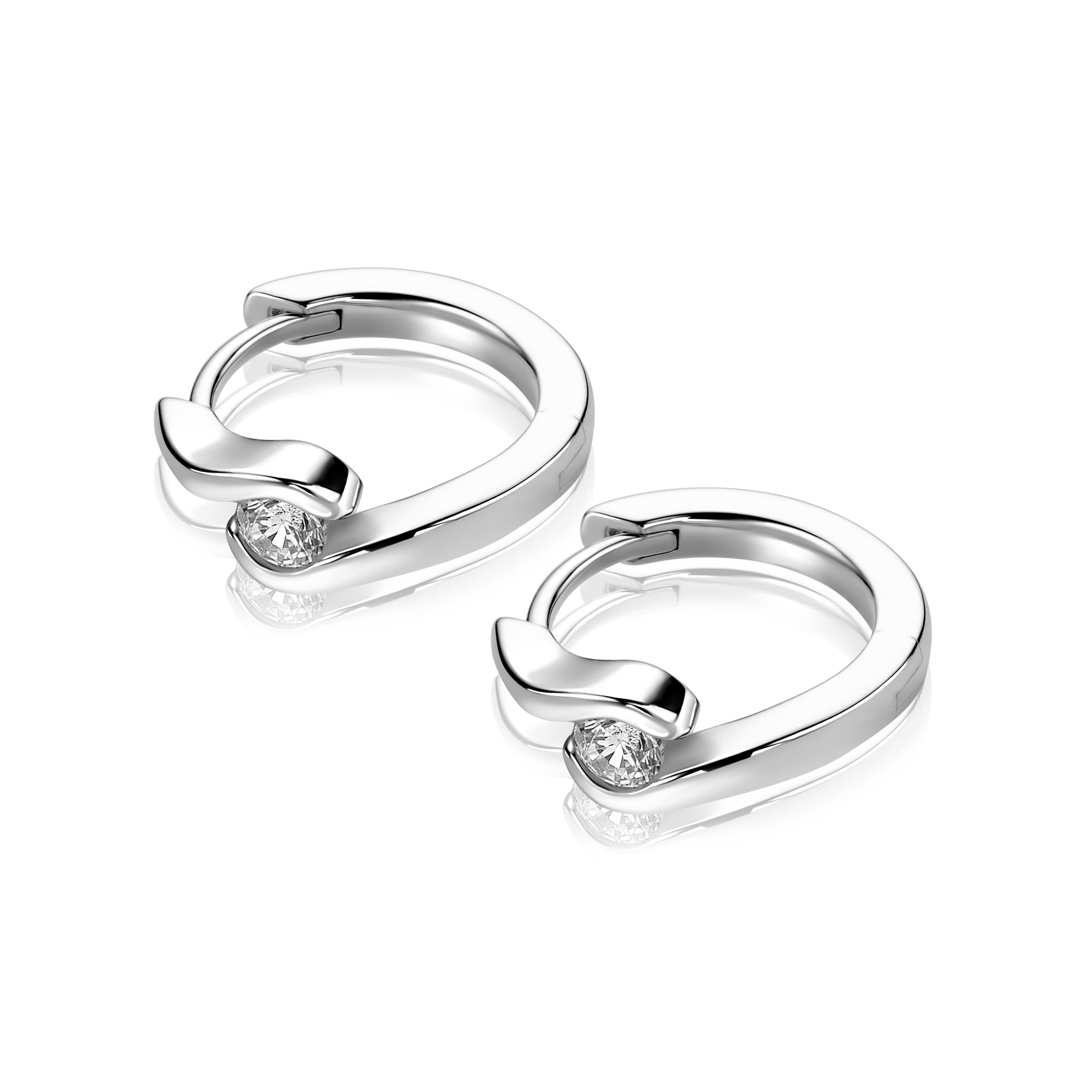 14mm ZINZI zilveren oorringen met ronde zirkonia, sierlijk omklemd door twee golvende banen, met luxe klapsluiting ZIO2766