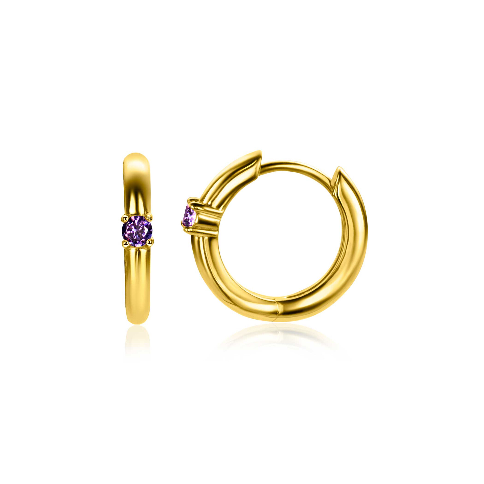 FEBRUARI oorringen 13mm gold plated met geboortesteen paars amethist zirconia 
