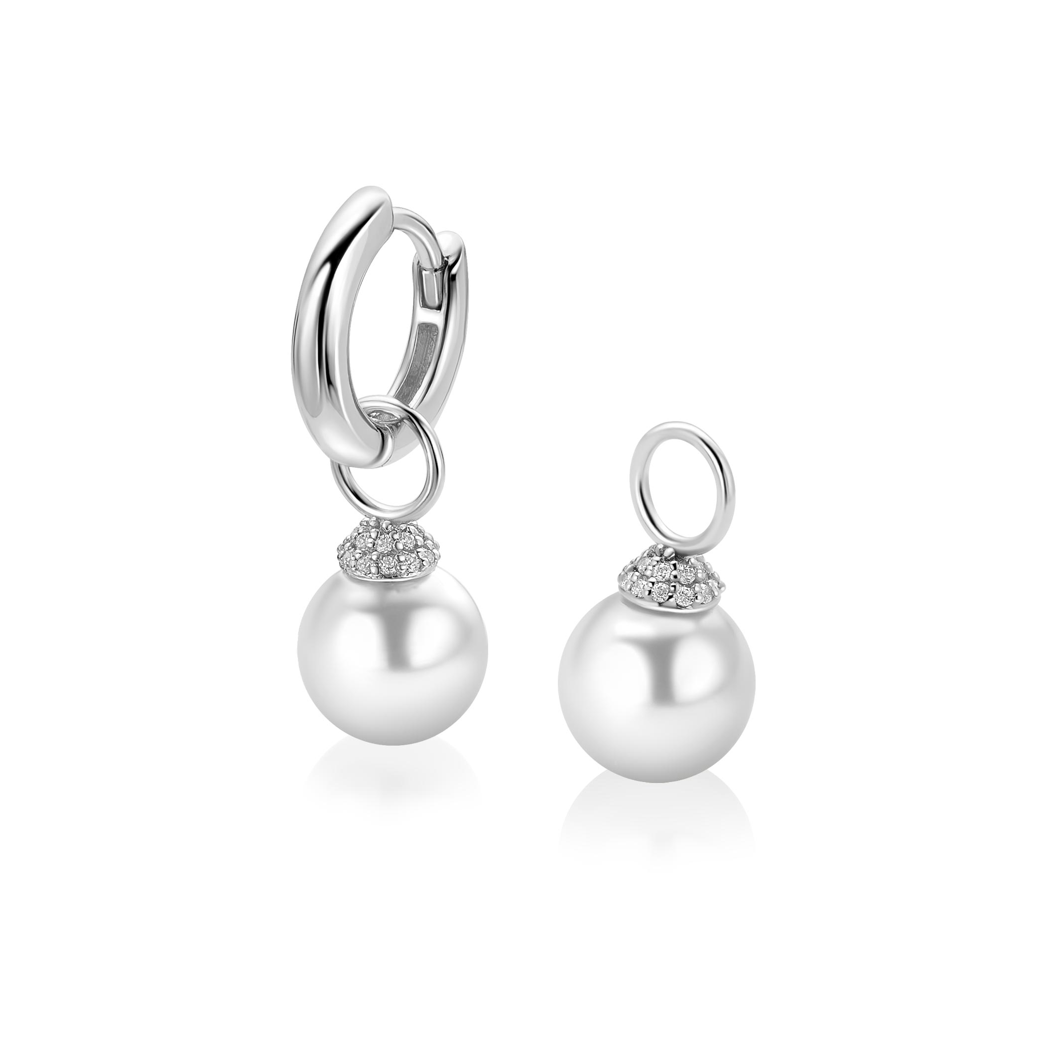 8mm ZINZI zilveren oorbedels met ronde witte parel en pavé gezette top met witte zirkonia’s ZICH2823 (zonder oorringen)