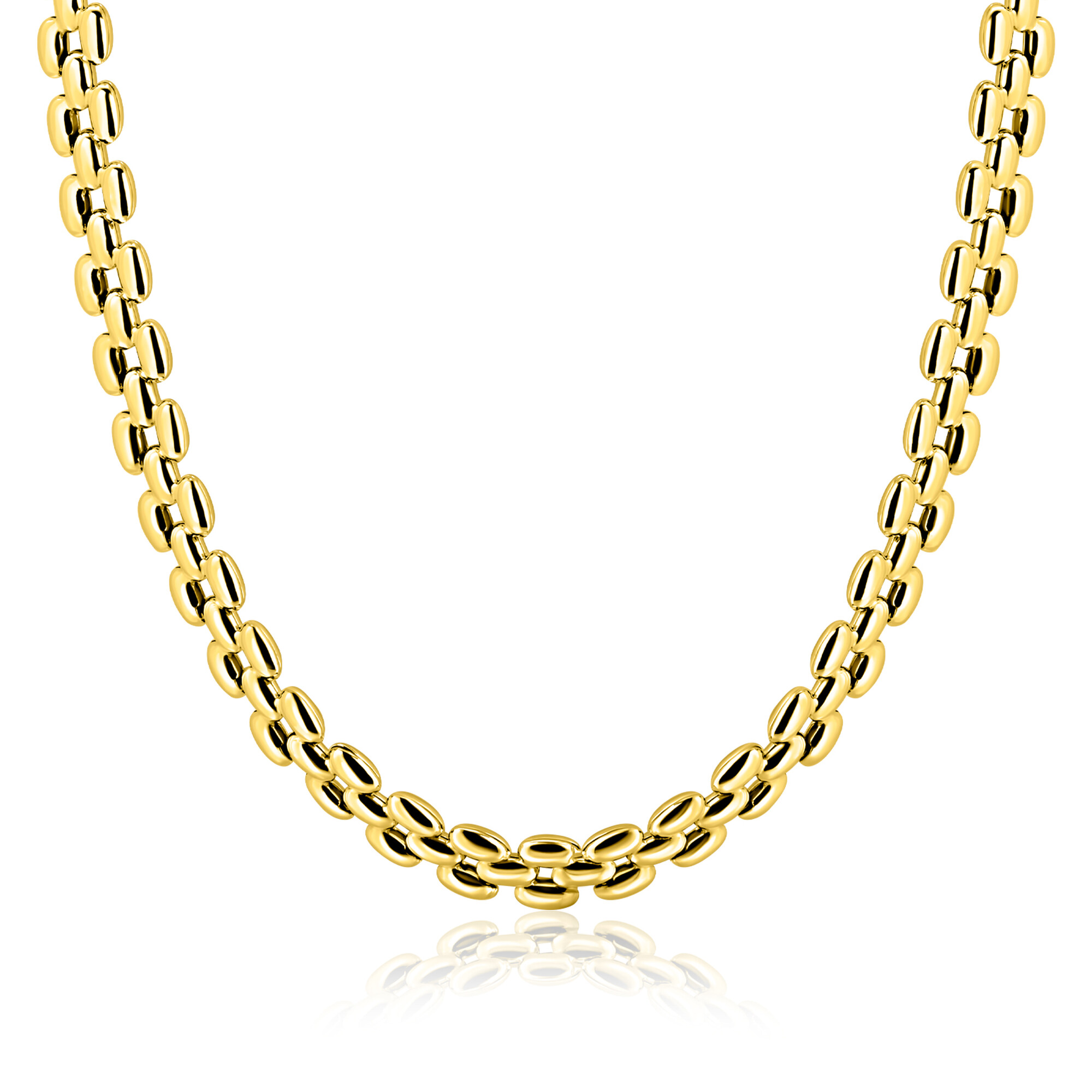 ZINZI gold plated zilveren brede rolex-style schakel-collier 8mm breed 43cm ZIC2764G