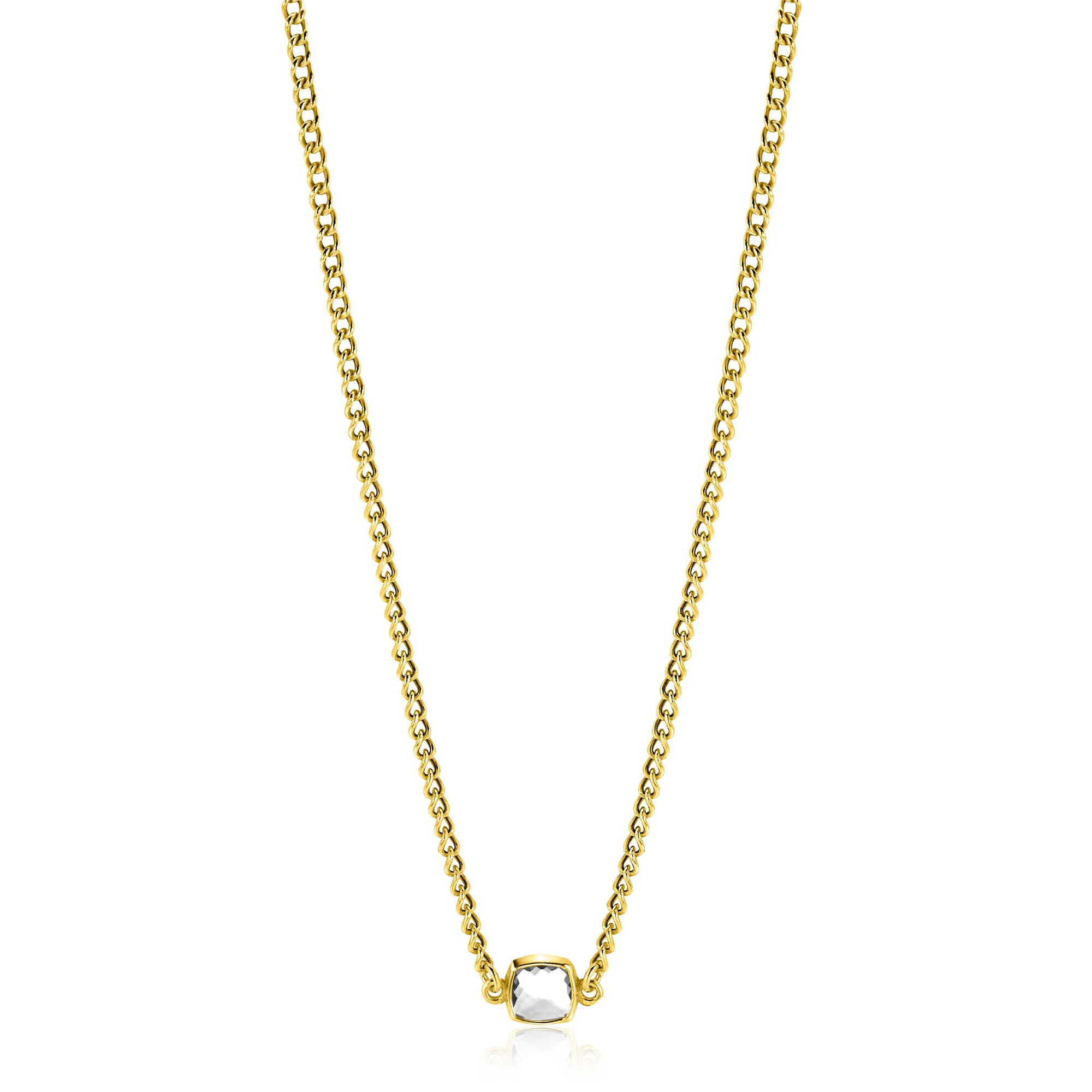 ZINZI gold plated zilveren gourmet ketting met vierkante zetting bezet met witte zirconia 40-45cm ZIC2417Y

