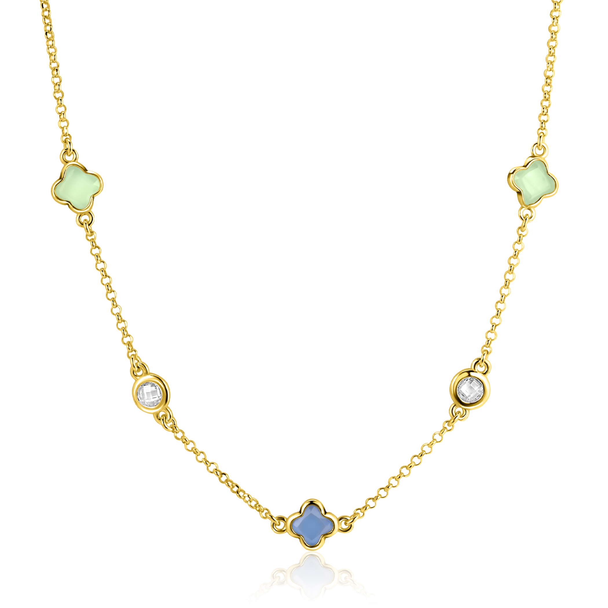 ZINZI gold plated zilveren schakelketting met twee mintgroene klavers en een blauwe klaver 40-45cm ZIC2763
